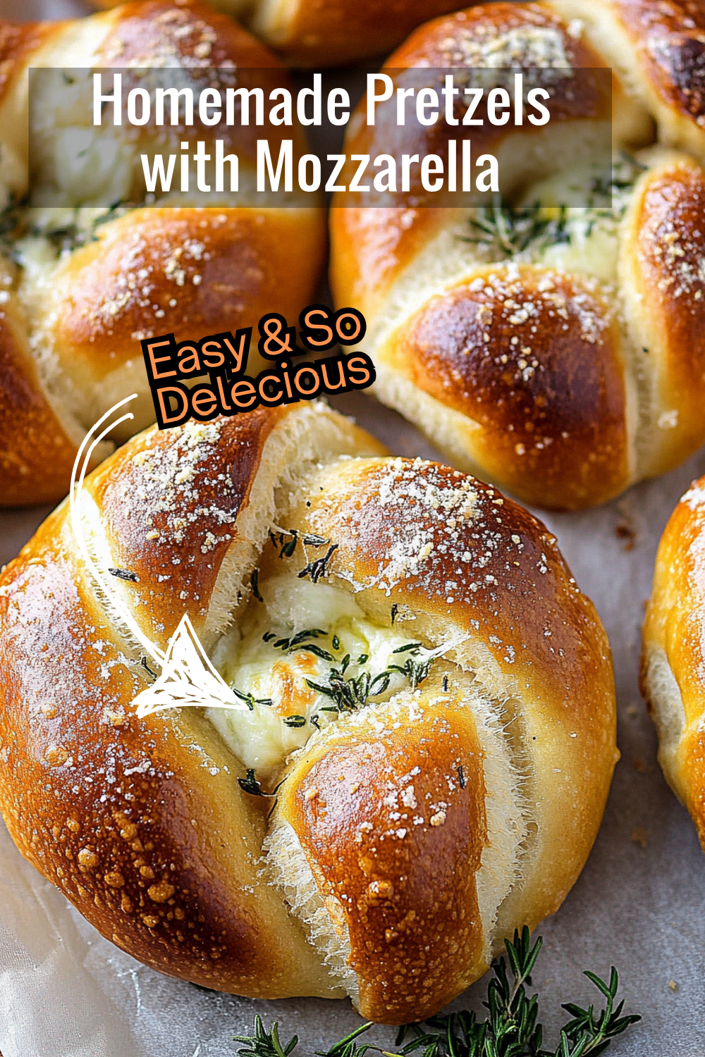 Try these homemade soft pretzels stuffed with mozzarella, topped with parmesan and rosemary for extra flavor. Perfect for a cozy snack or party appetizer!