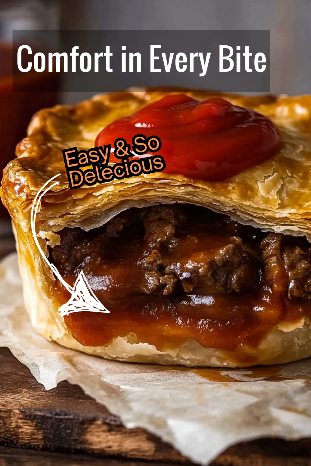 Dive into this comforting classic meat pie with a crispy, flaky puff pastry crust and a savory beef filling. Perfect for cozy nights in! The rich, tender filling pairs beautifully with a dollop of ketchup.