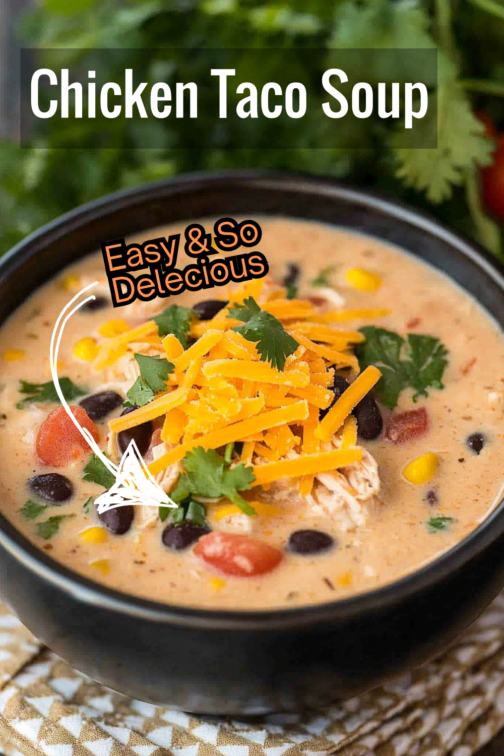 Cozy up with this rich and creamy chicken taco soup—loaded with tender chicken, black beans, corn, and melted cheese. Perfect for any meal!