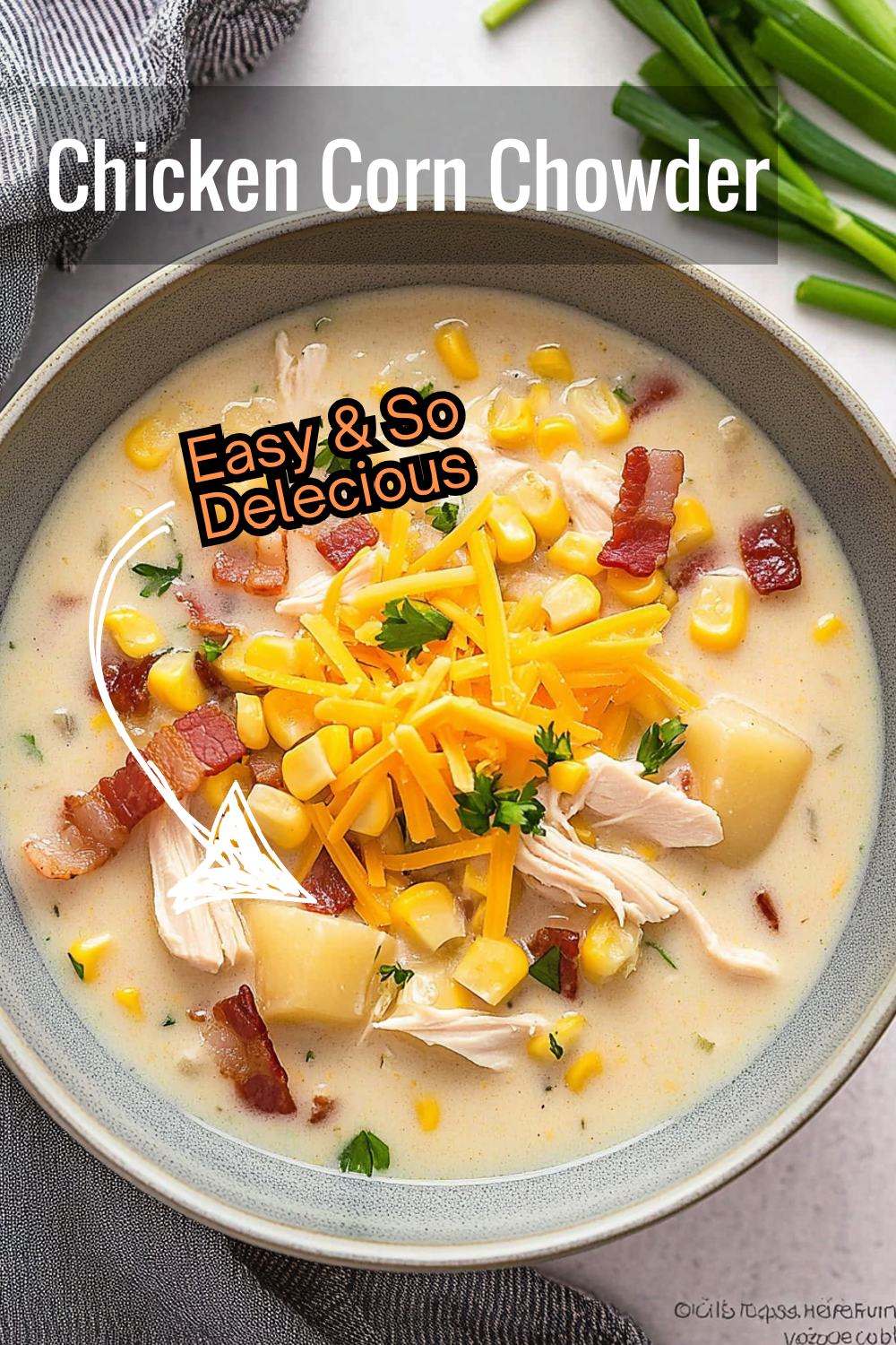 Cozy up with this creamy chicken corn chowder! Loaded with tender chicken, potatoes, corn, and crispy bacon, it's perfect for a chilly evening.