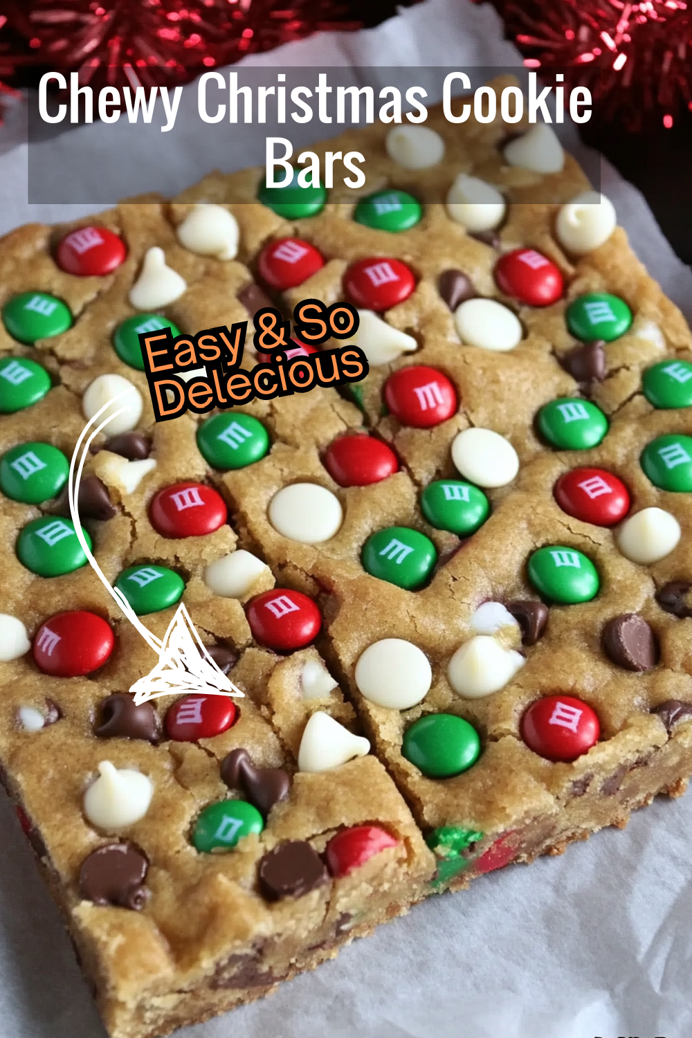 This chewy Christmas cookie bars recipe is packed with festive colors and flavors. With red and green M&M’s and white chocolate chips, these bars bring the holiday spirit to life in every bite!