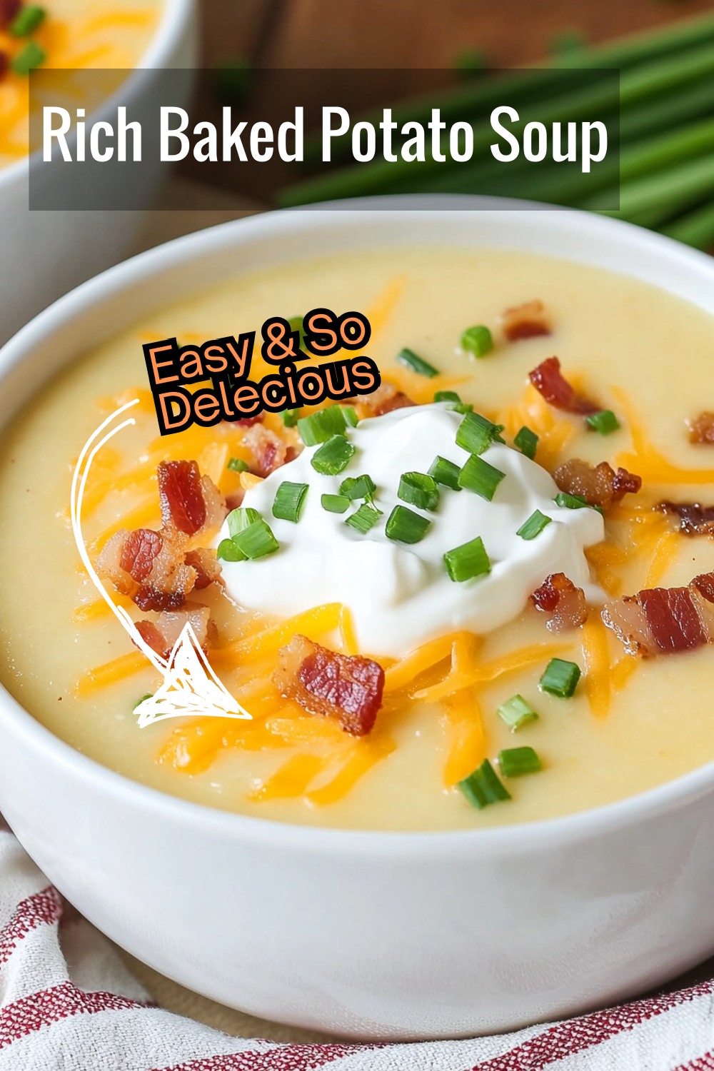 Dive into the richness of this creamy baked potato soup, topped with bacon, cheese, and a touch of sour cream.