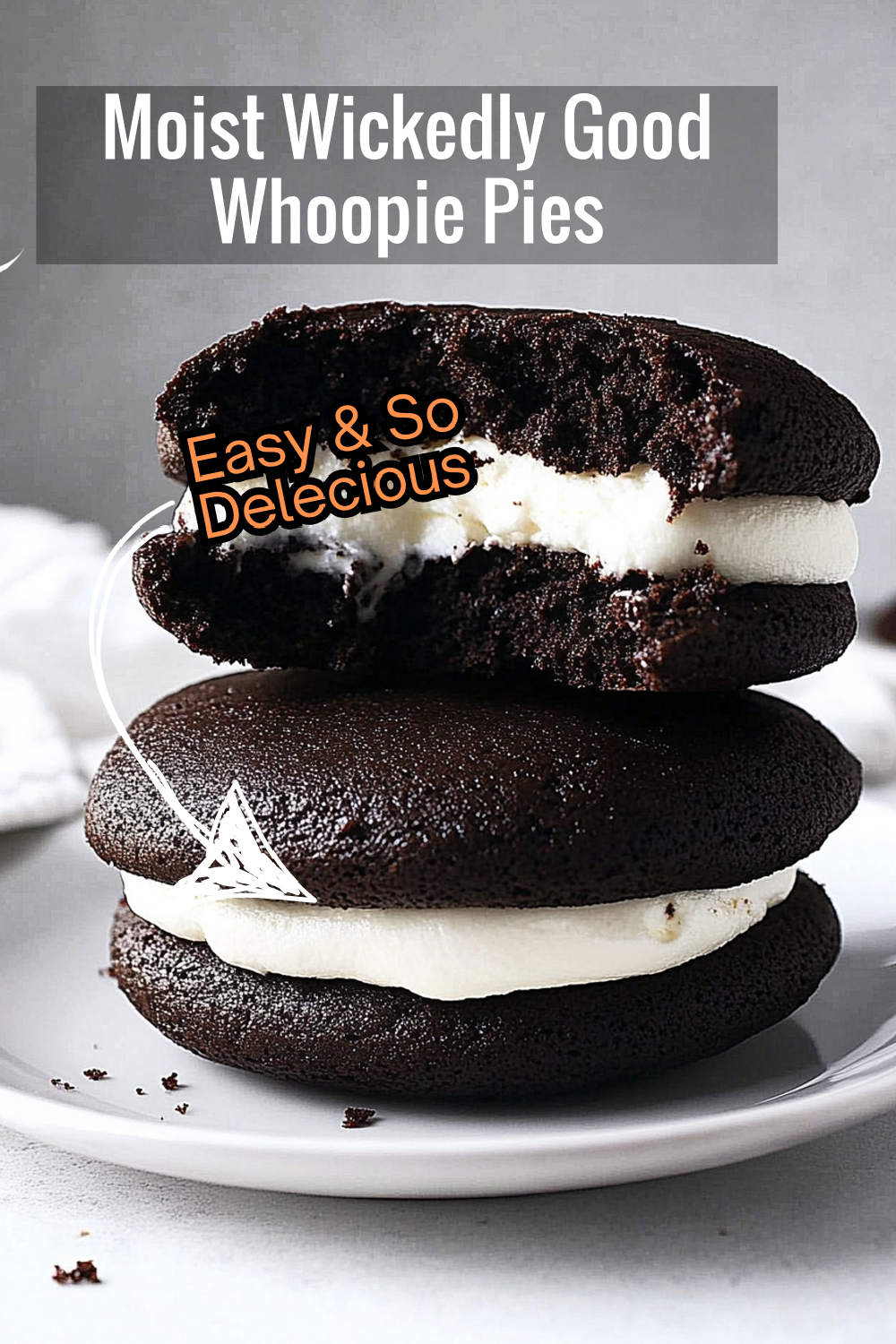 Experience the perfect texture with these moist, chocolatey whoopie pies filled with a thick marshmallow buttercream. A must-try recipe!