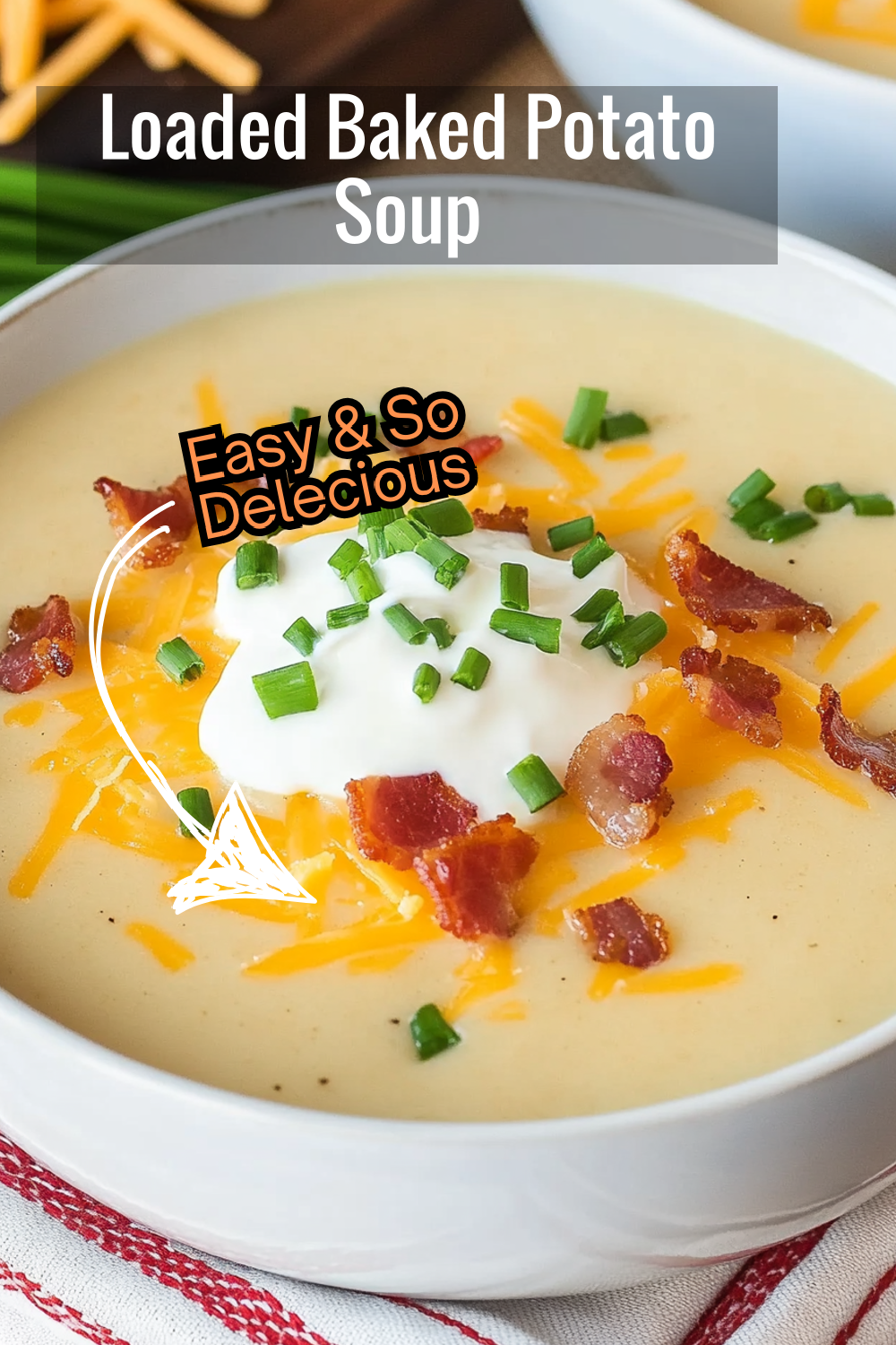 A hearty soup with chunks of potato, gooey cheddar, crispy bacon, and a dollop of sour cream. This recipe delivers all the flavors of a loaded baked potato in every spoonful!