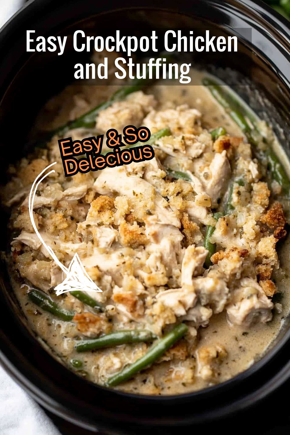 Crockpot Chicken and Stuffing Recipe: an easy, cozy dinner option for busy nights. Creamy sauce, tender chicken, and crispy stuffing mix make for a simple yet flavorful dish your family will love.