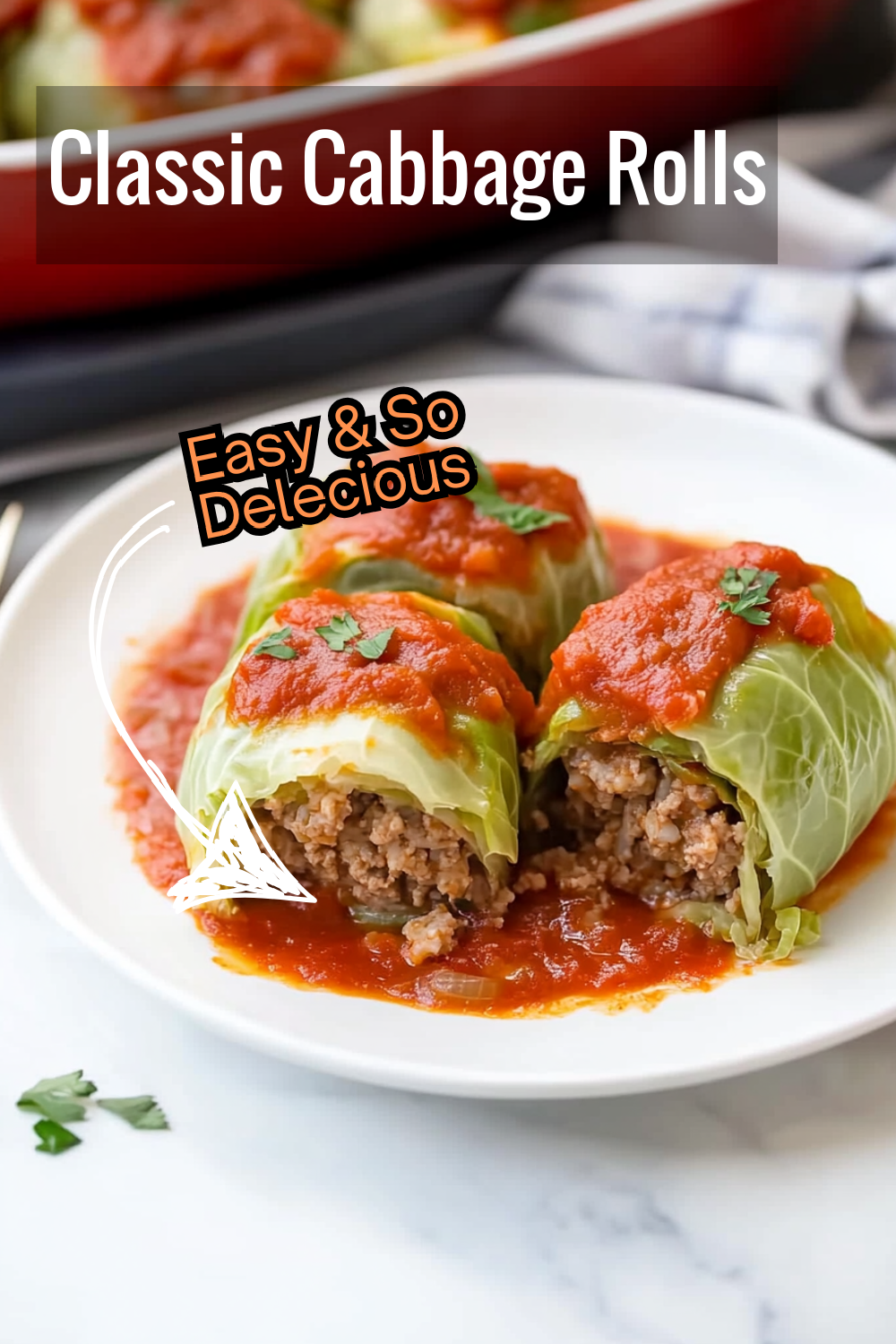 Try this classic recipe for stuffed cabbage rolls, featuring tender leaves filled with a savory mixture of beef and rice, covered in rich tomato sauce.