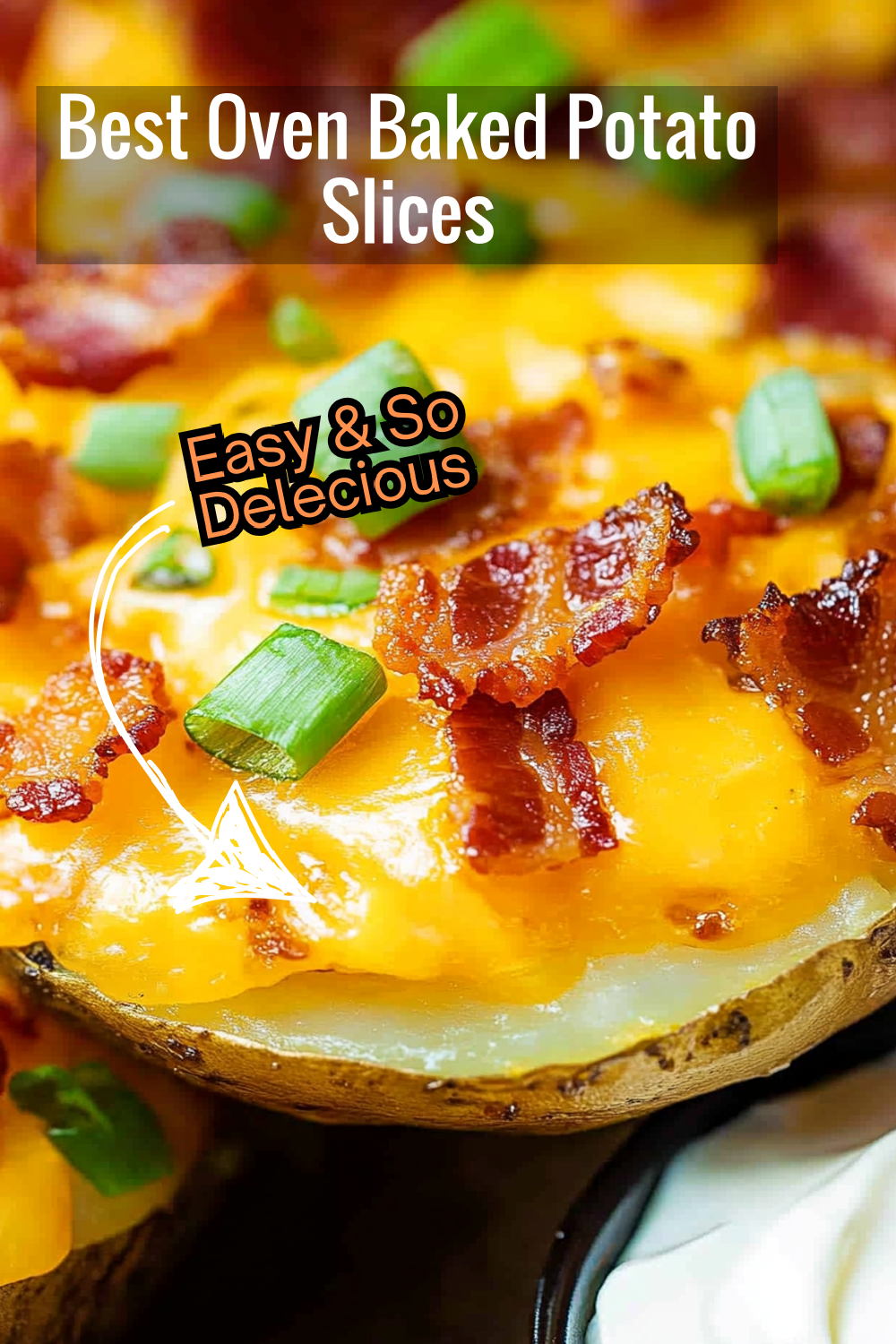 Try the best baked potato slices, topped with melted cheese, bacon, and green onions. Perfect for dipping in sour cream!