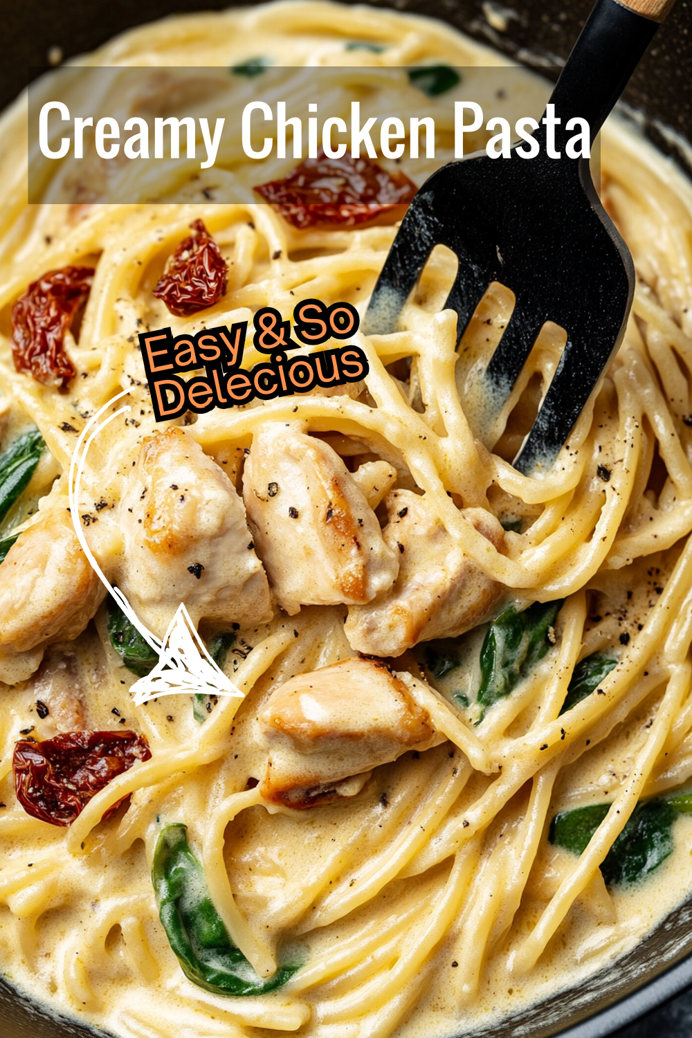 A perfect pasta dish with seared chicken, sun-dried tomatoes, and baby spinach, coated in a smooth garlic and parmesan sauce.