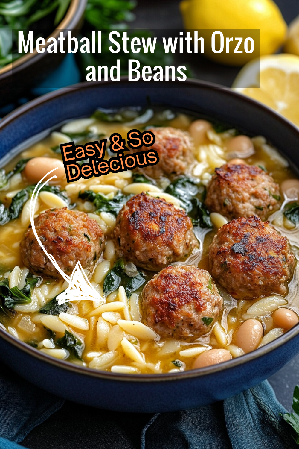 This Meatball Stew recipe is the perfect balance of savory meatballs and a light, lemon-infused broth. Add orzo and beans for a complete, comforting meal!