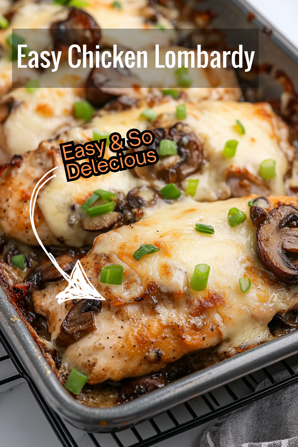 Whip up a quick and easy Chicken Lombardy in minutes! Enjoy this flavorful dish with tender chicken, cheese, mushrooms, and a hint of wine.