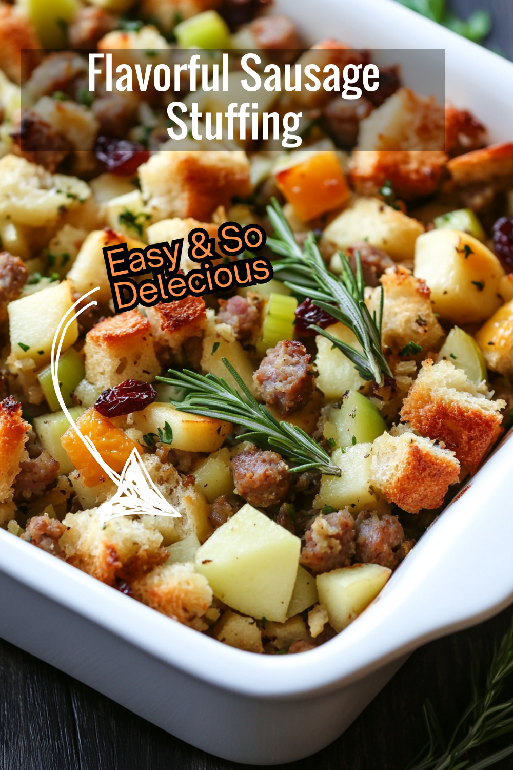 Looking for a stuffing with a twist? This sausage stuffing features fresh herbs, tart apples, and savory sausage for a delicious holiday side dish.