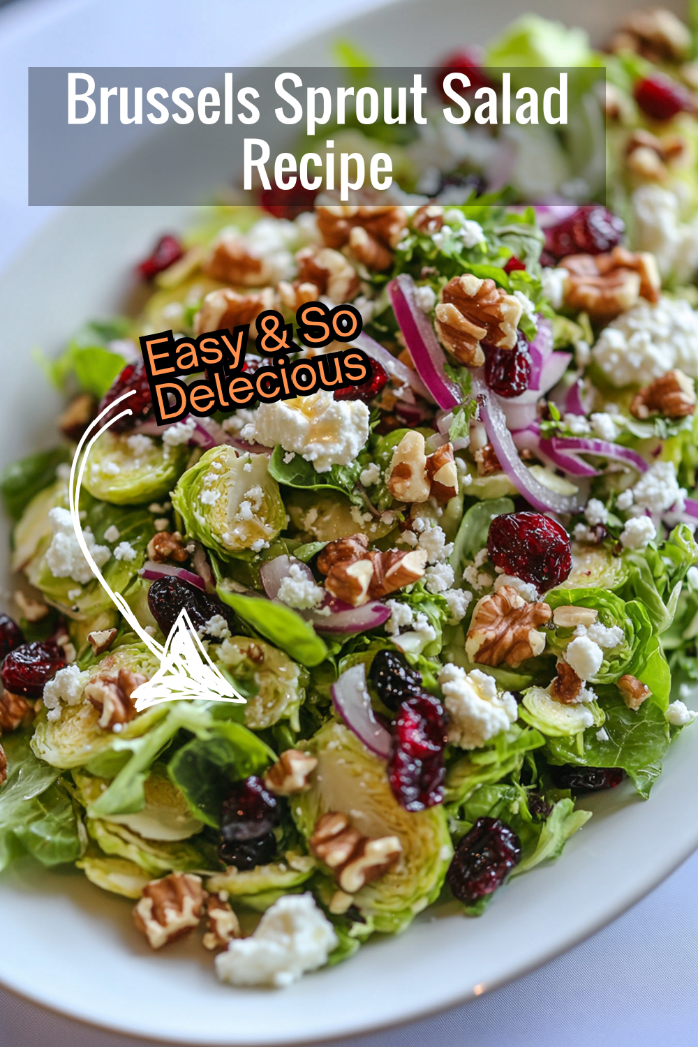 A vibrant Brussels sprout salad with creamy goat cheese, crunchy walnuts, and sweet cranberries – perfect for any meal or gathering!