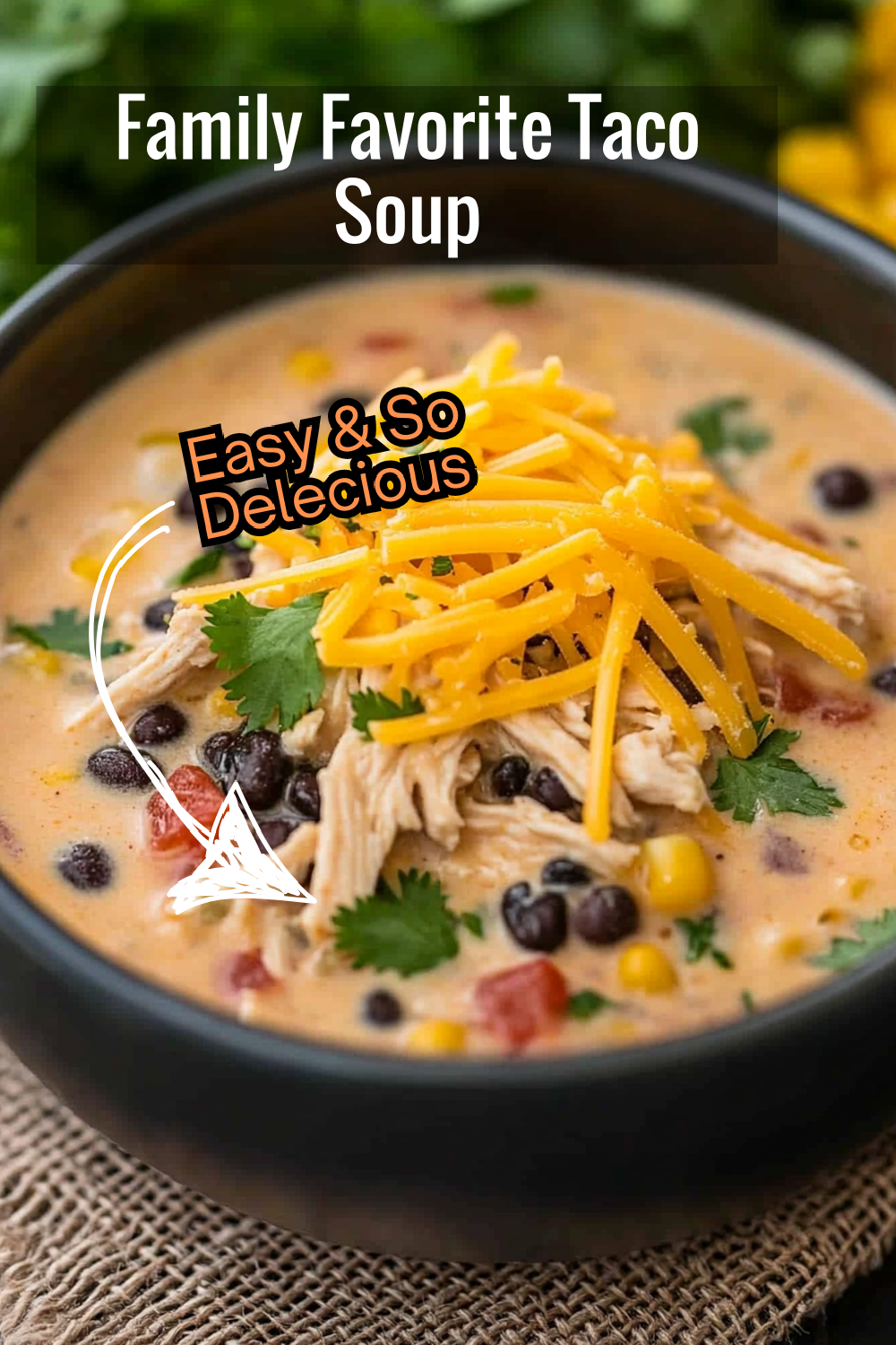 Your whole family will love this flavorful chicken taco soup recipe—a blend of creamy broth, corn, and melted cheese.