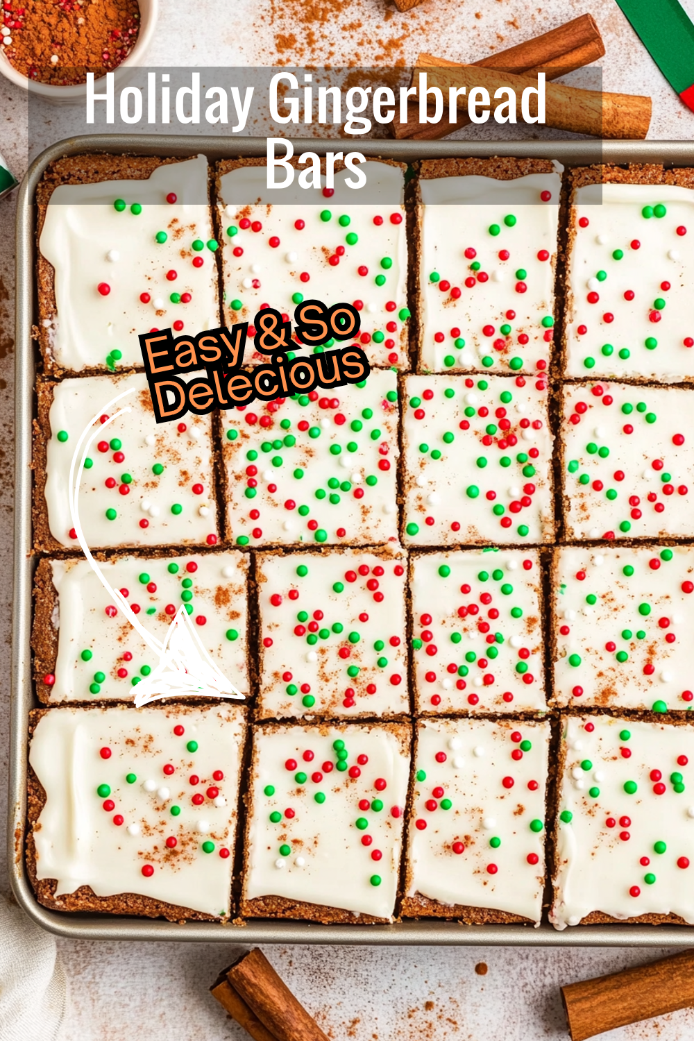 Add a cozy touch to your holiday table with these gingerbread bars, complete with cream cheese frosting and festive sprinkles.