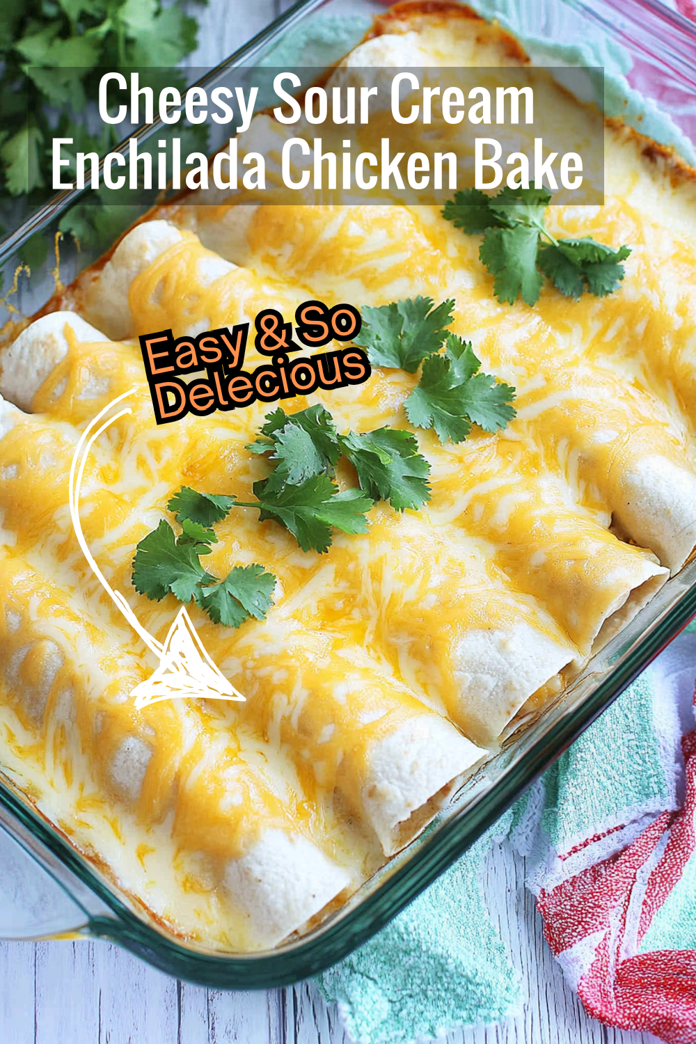 Make your next meal extra special with this Cheesy Sour Cream Enchilada Chicken Bake. It’s loaded with cheesy goodness and packed with flavor that the whole family will love!