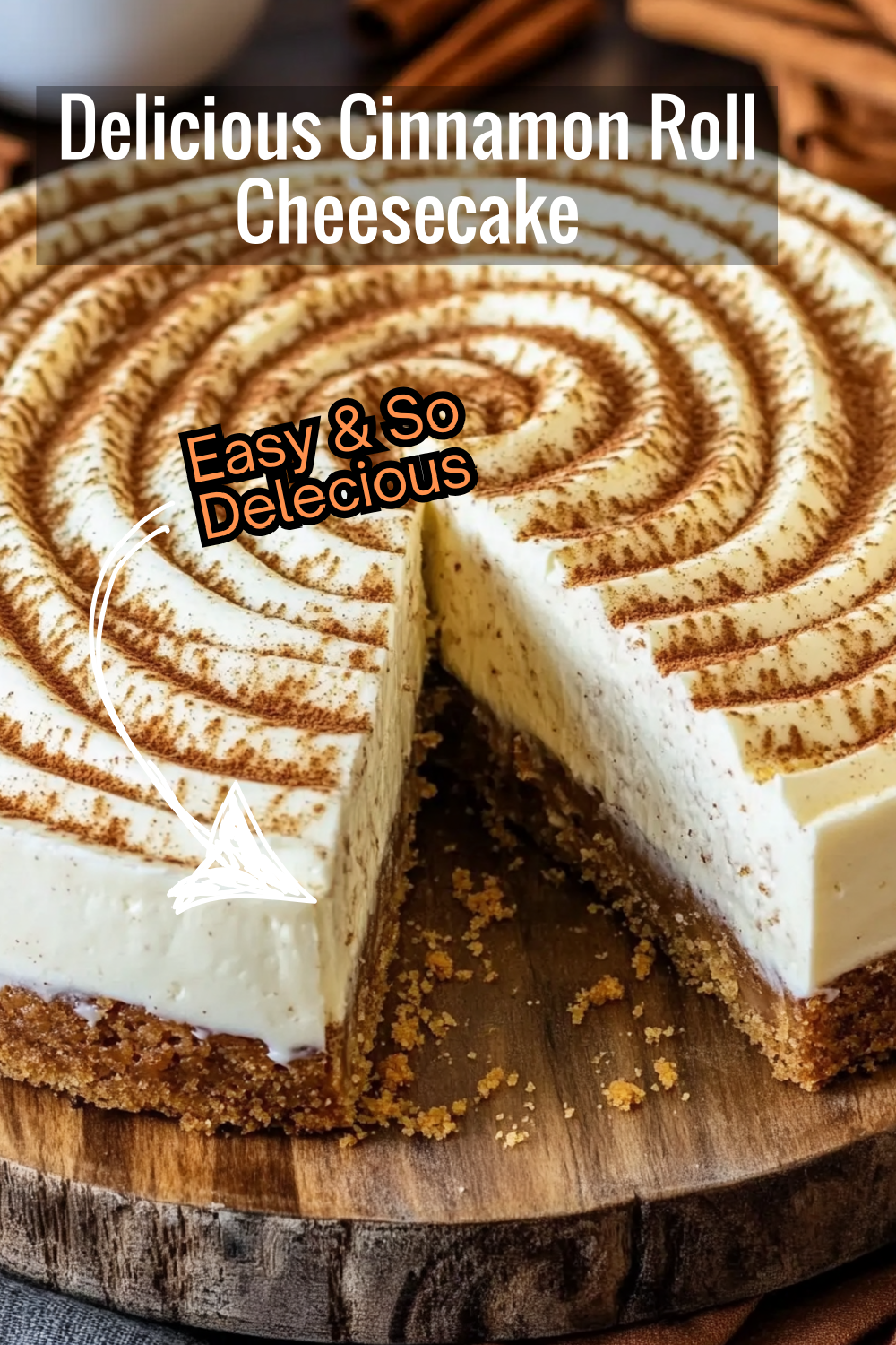 Enjoy a delicious cinnamon roll cheesecake with layers of creamy cheesecake and cinnamon sugar swirl, finished with a generous dusting of cinnamon on top. A true delight for cheesecake lovers!