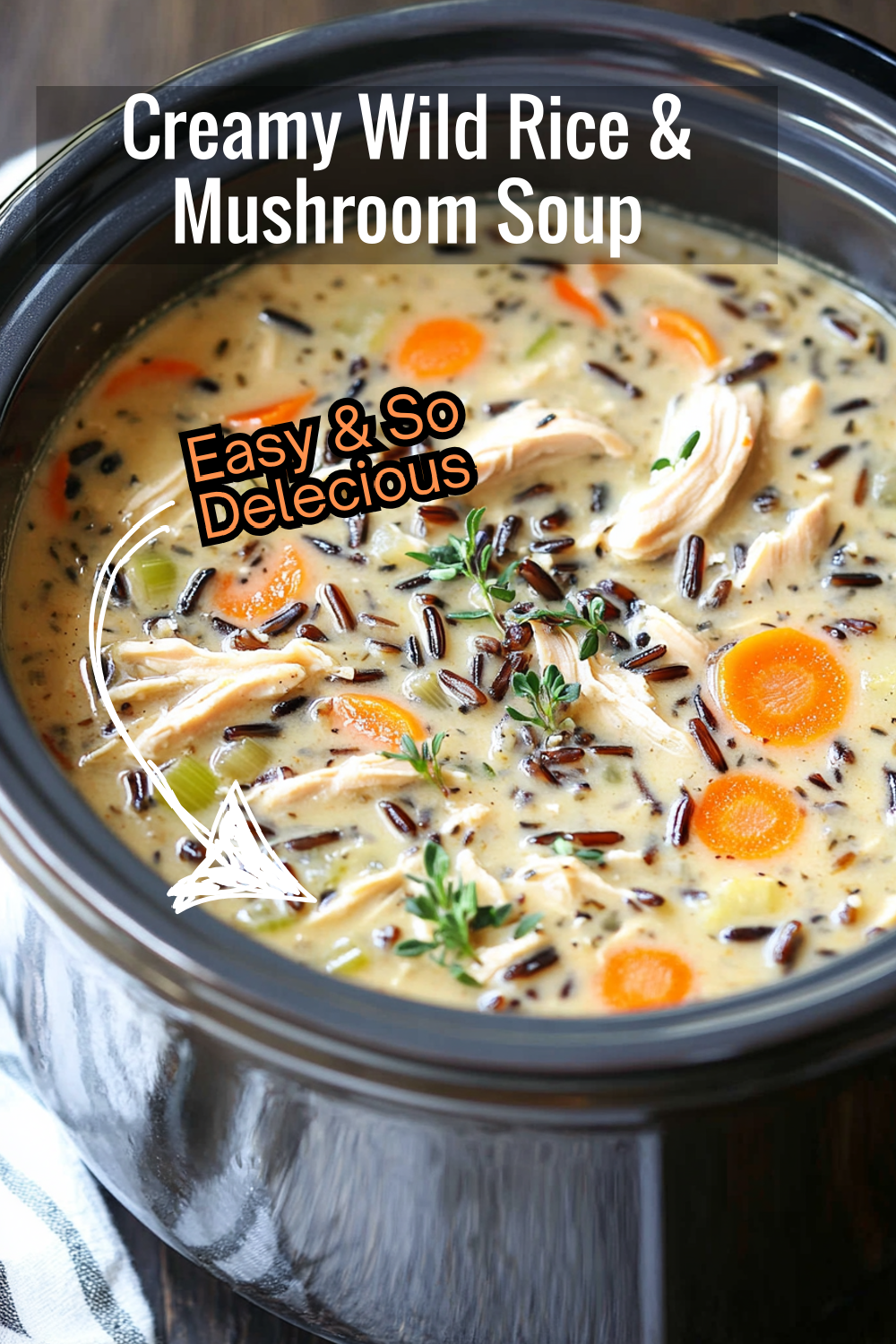 This creamy chicken mushroom soup is comfort in a bowl. It combines shredded chicken breast, savory cremini mushrooms, and chewy wild rice in a herb-infused broth. A splash of half-and-half makes it extra rich, while diced carrots and celery give it a sweet crunch.