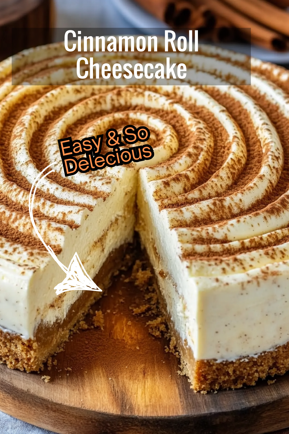 A rich cinnamon roll cheesecake featuring a buttery graham cracker crust, swirled with cinnamon and topped with luscious cream cheese frosting. This dessert is sure to impress!