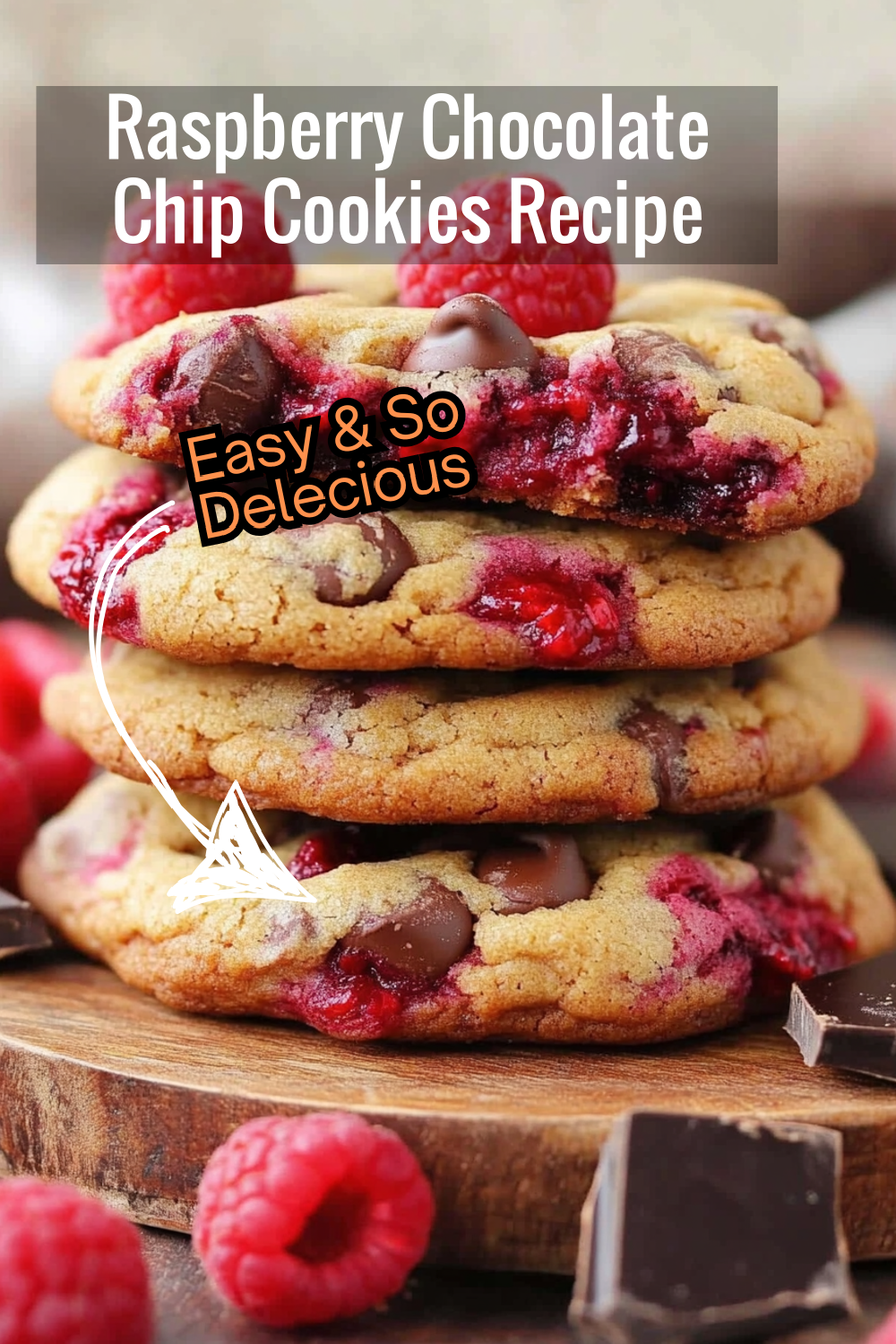 Indulge in the sweet and tangy combo of raspberries and dark chocolate chunks in these chewy cookies, perfect for a quick homemade treat!