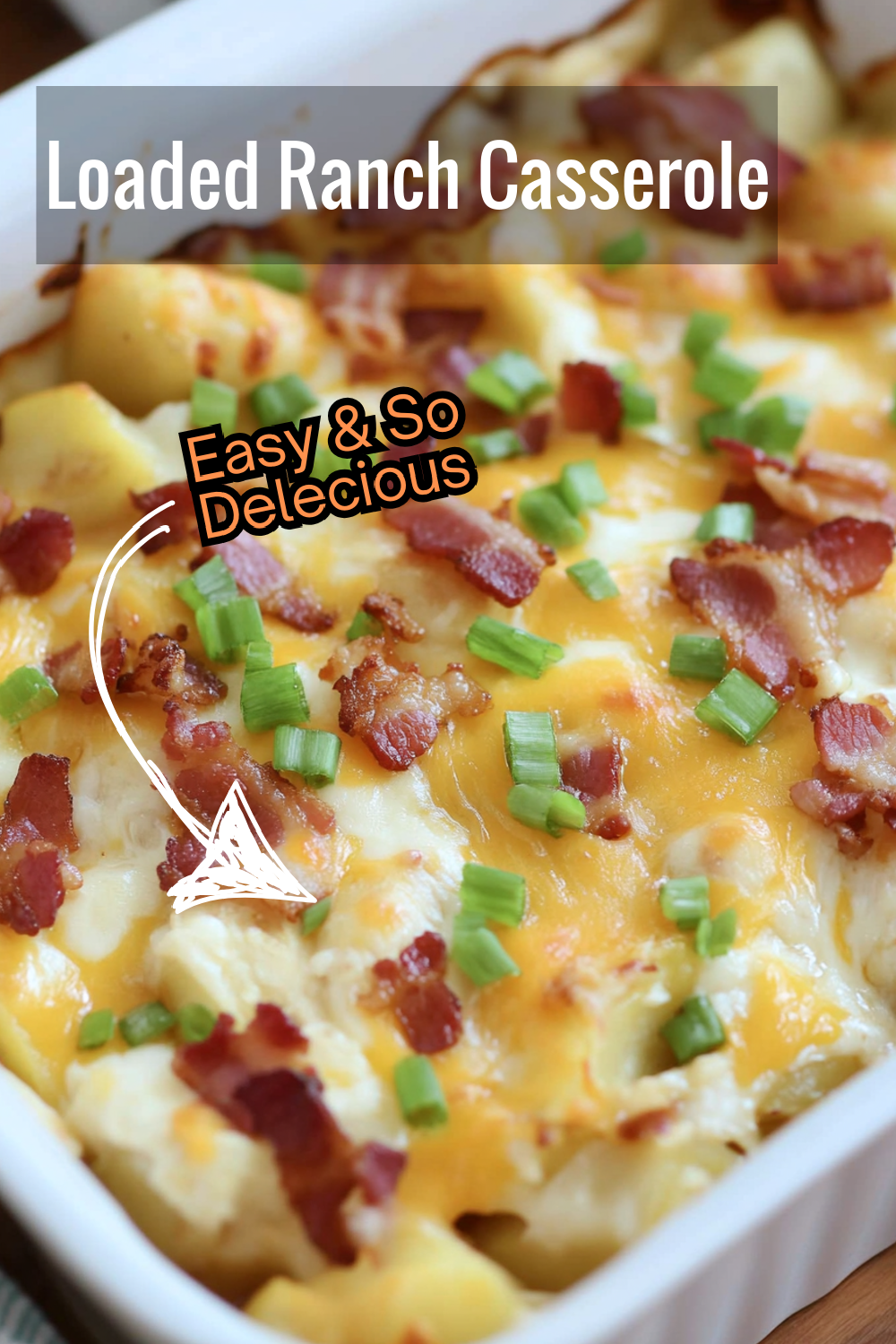 Calling all ranch lovers! This loaded chicken casserole is topped with gooey cheese, crispy bacon, and fresh green onions for a meal that everyone will love.