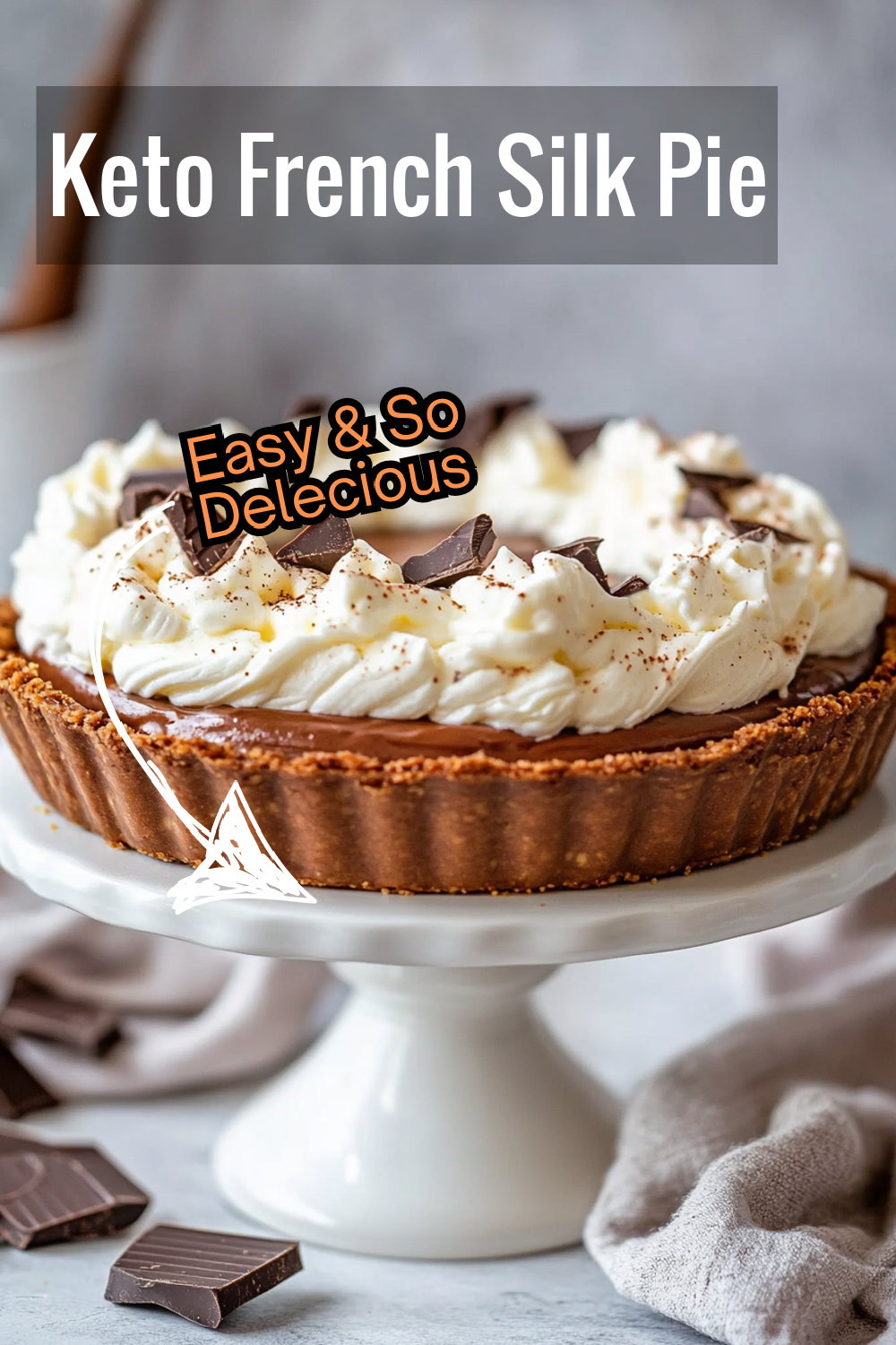 Deep, dark chocolate flavors take center stage in this keto French silk pie. A creamy dessert with a crisp crust and fluffy whipped cream.