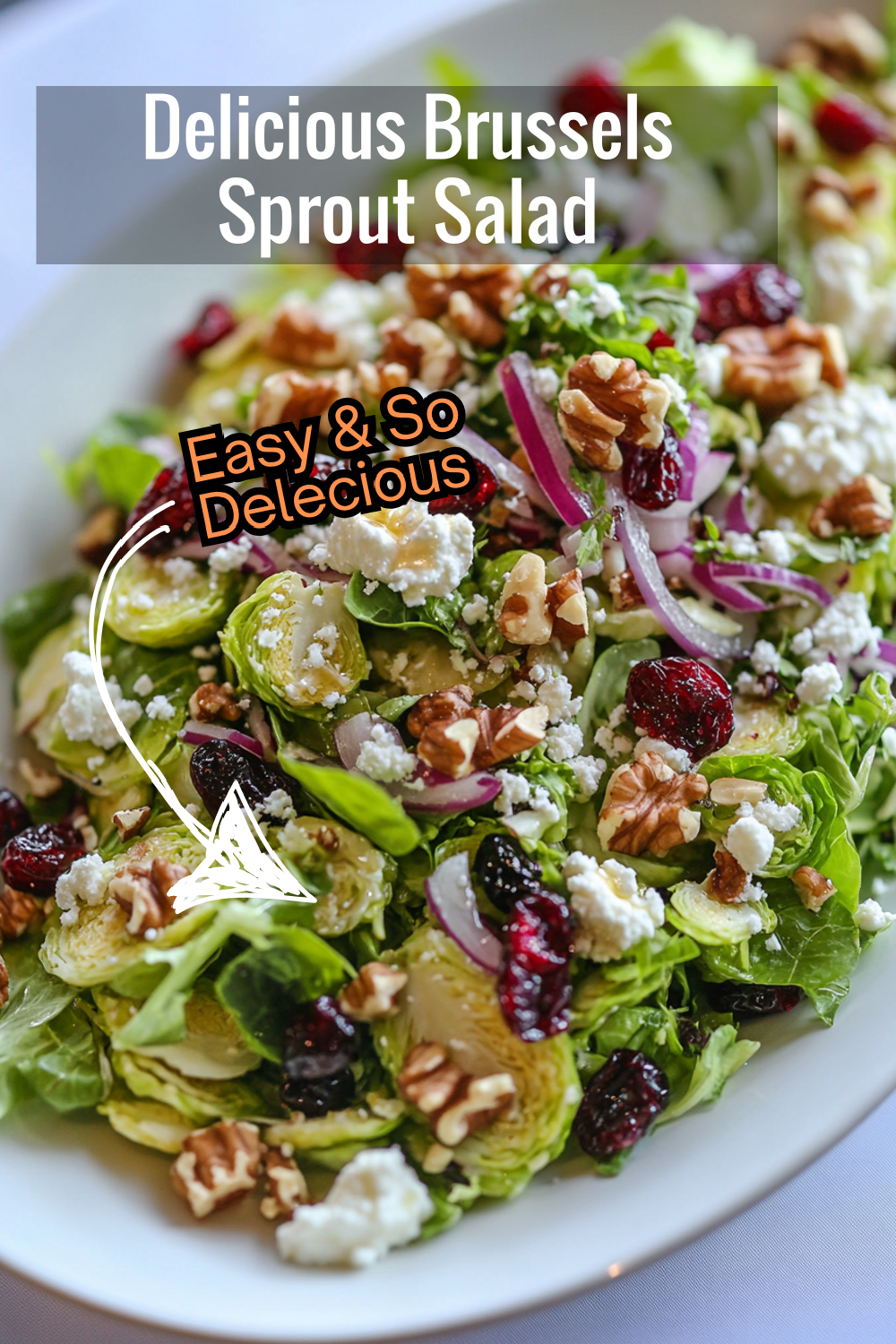 Treat yourself to a delicious Brussels sprout salad packed with tangy goat cheese, sweet cranberries, and crunchy walnuts.