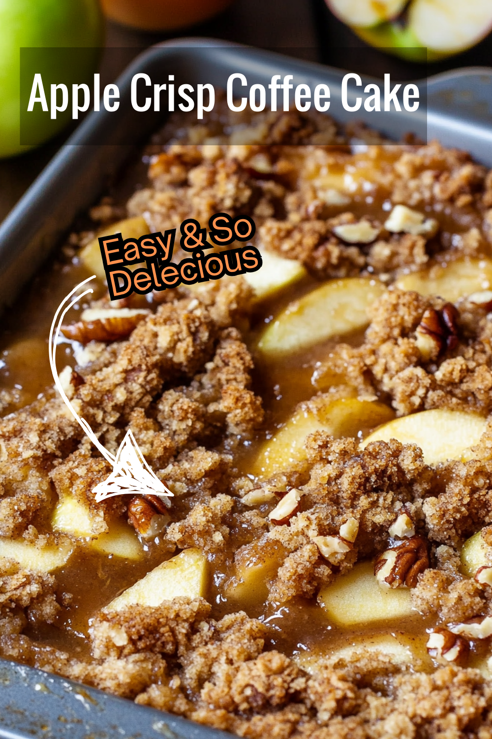 Enjoy a creative twist on classic coffee cake with layers of juicy apples, cinnamon spices, and a crunchy pecan topping.