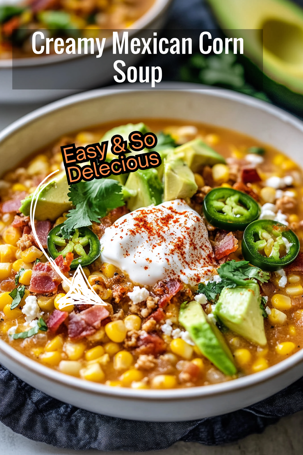 This creamy, slow-cooked Mexican street corn soup blends sweet corn, potatoes, and a touch of spice with sour cream, avocado, and cotija for a satisfying dish.