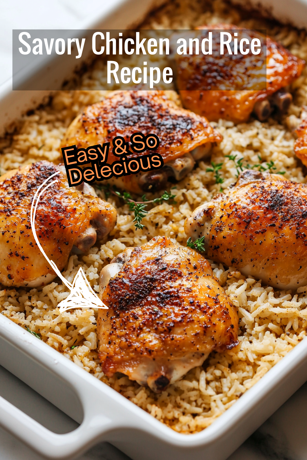 Indulge in this savory oven-baked chicken and rice dish – juicy chicken thighs with a golden crust over a bed of perfectly seasoned, fluffy rice. Pure comfort on a plate!