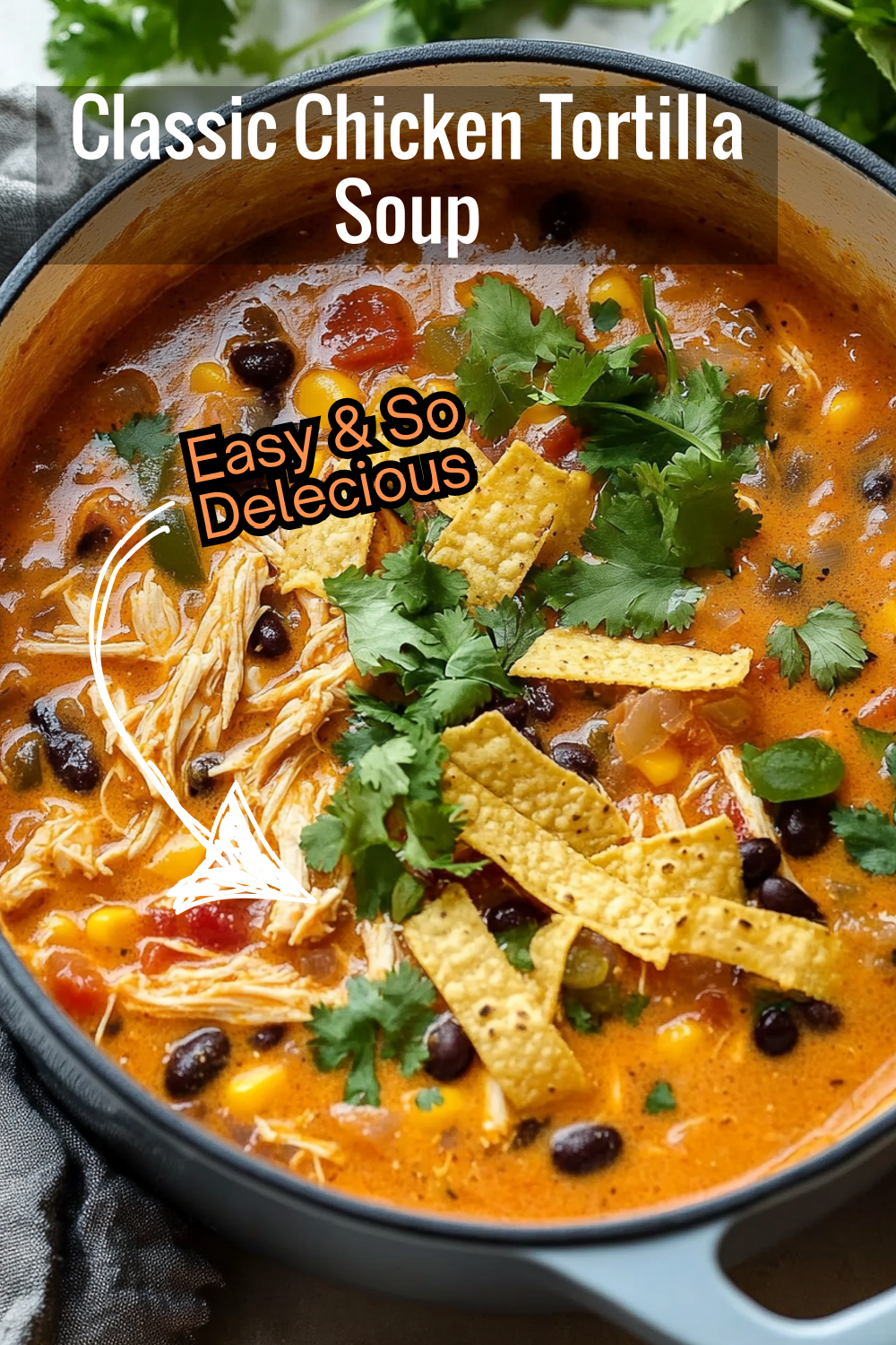 Enjoy a classic Chicken Tortilla Soup with all your favorite ingredients—shredded chicken, beans, tomatoes, and crispy tortilla strips.