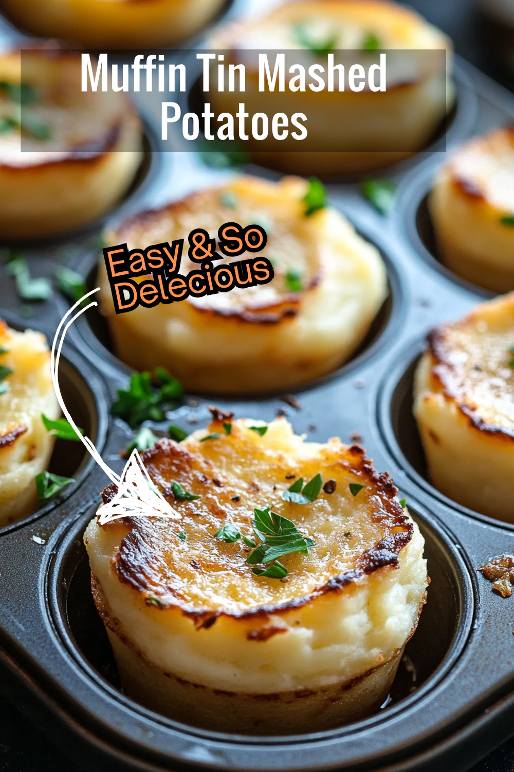 Fluffy mashed potatoes meet garlic and parmesan, baked to golden perfection in a muffin tin. These cups are the ideal individual portions for any meal!