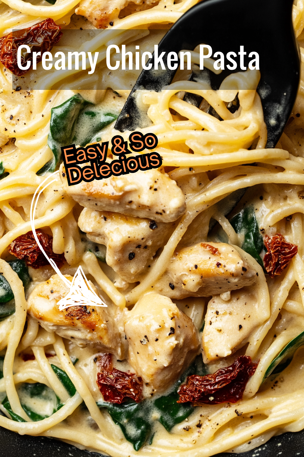 A perfect pasta dish with seared chicken, sun-dried tomatoes, and baby spinach, coated in a smooth garlic and parmesan sauce.