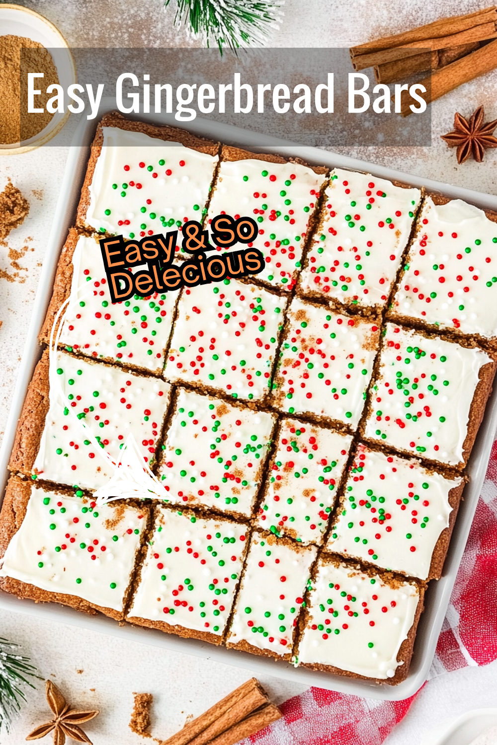 Bring the holiday cheer with these gingerbread bars! Soft, spiced, and topped with cream cheese frosting and sprinkles. Perfect for any festive gathering.