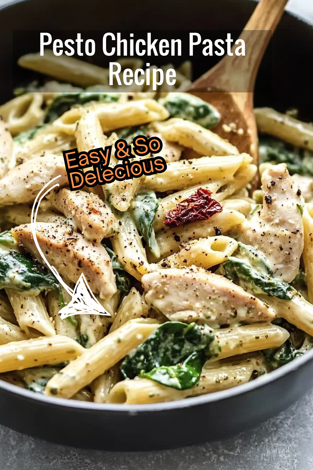 Add a little spice to your dinner with this pesto pasta featuring chicken, spinach, and crushed red pepper flakes.