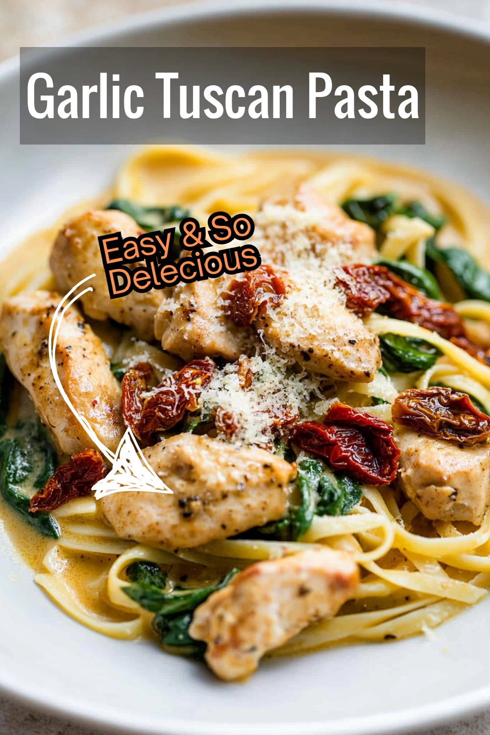 This pasta dish is all about bold garlic flavor, creamy parmesan, and tender chicken, balanced with spinach and tangy tomatoes.