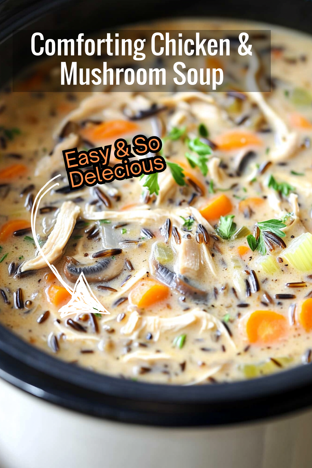 Bring a sense of comfort to the table with this chicken and mushroom soup featuring wild rice and a smooth, creamy broth. Each spoonful is filled with herbs, shredded chicken, and veggies, making it the ultimate cold-weather companion.