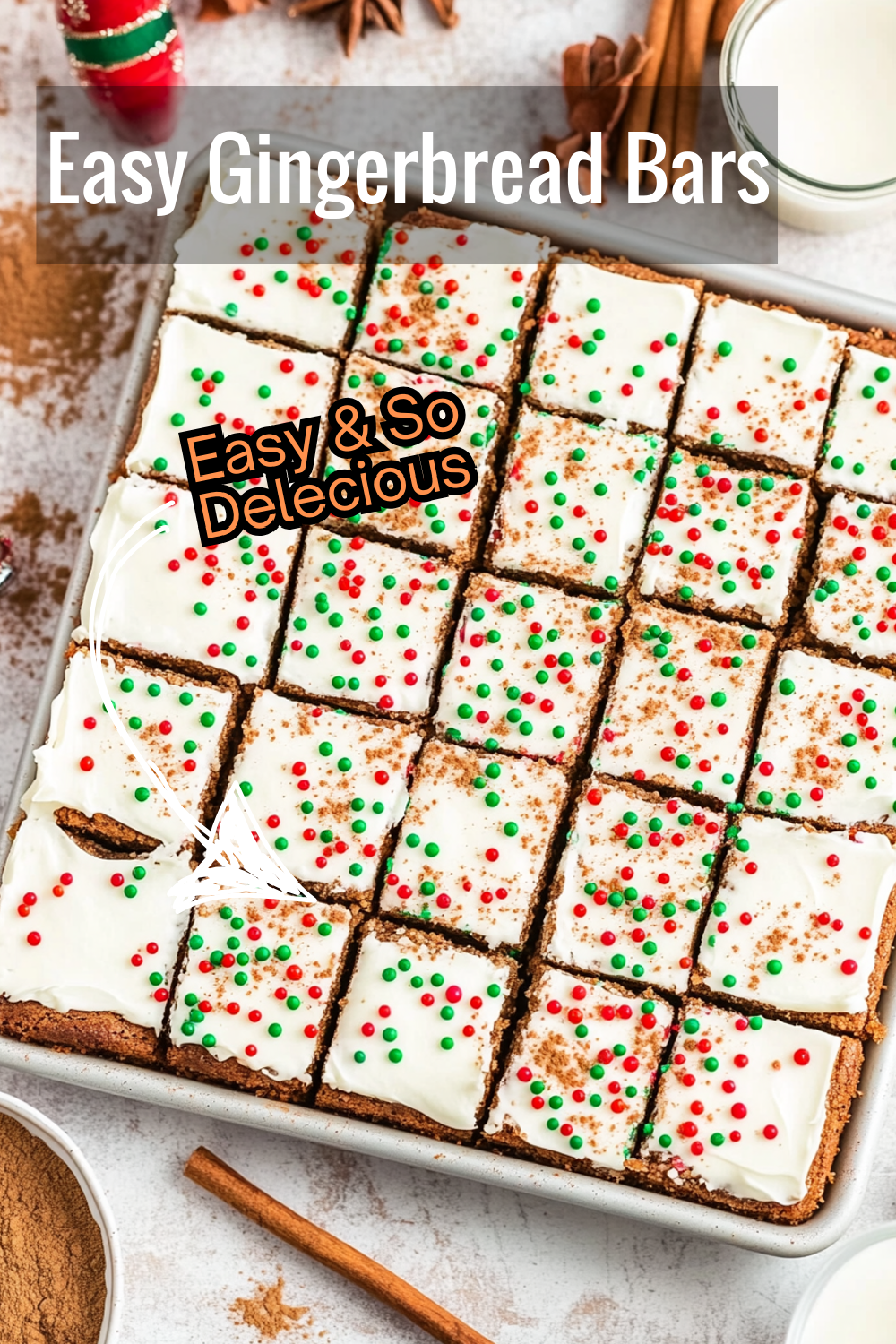 Bring the holiday cheer with these gingerbread bars! Soft, spiced, and topped with cream cheese frosting and sprinkles. Perfect for any festive gathering.