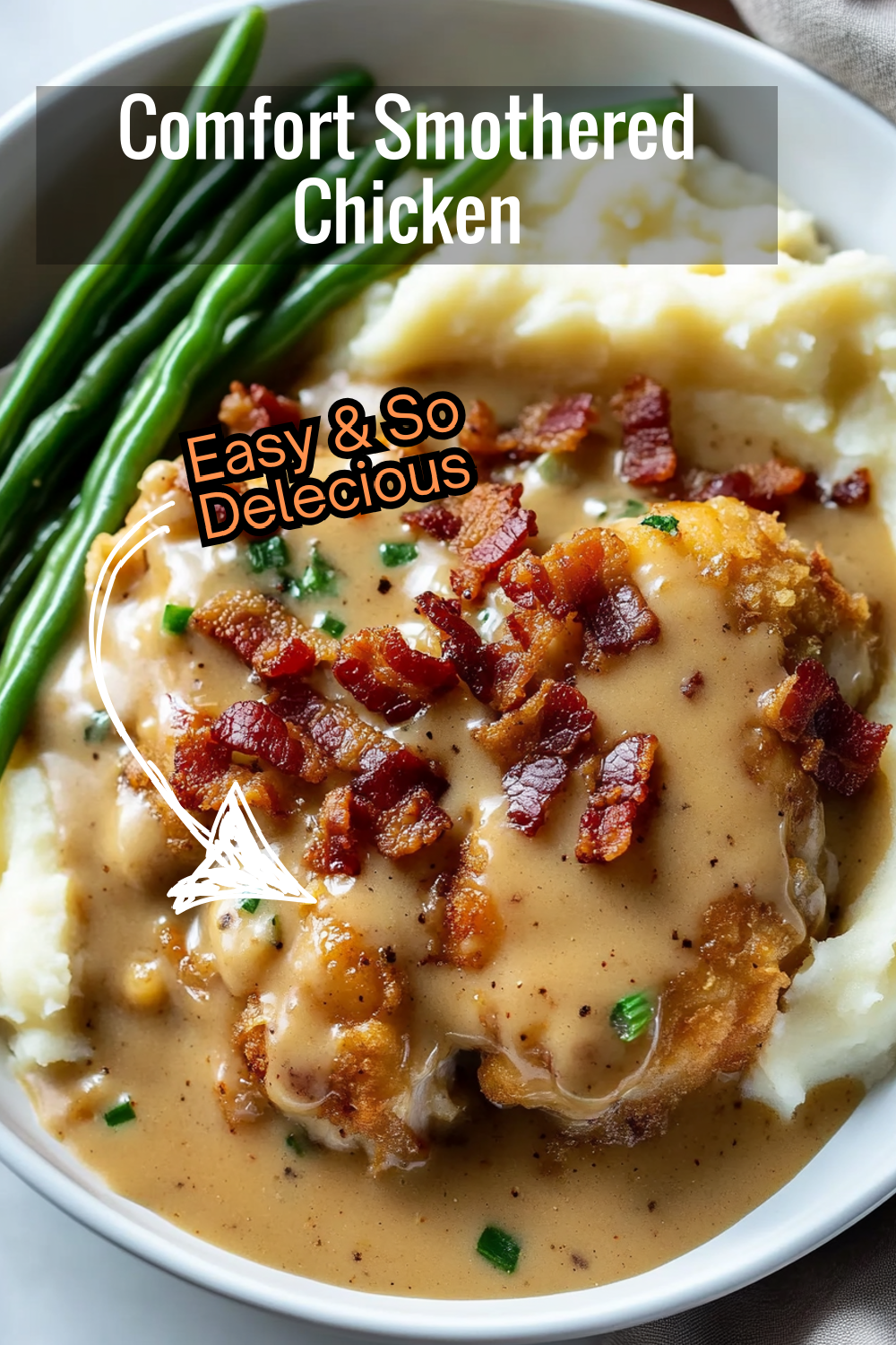 This comforting smothered chicken recipe features tender chicken breasts, rich gravy, and crunchy bacon, all in one hearty, satisfying dish. Perfect for a cozy meal at home!