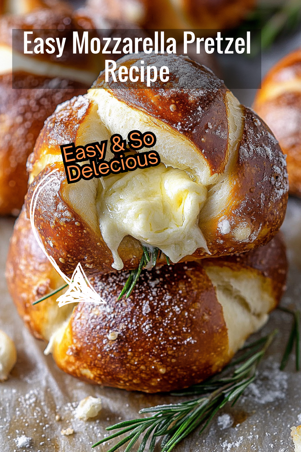 An easy recipe for mozzarella-stuffed soft pretzels, topped with parmesan and rosemary. These golden pretzels are a warm, cheesy delight.