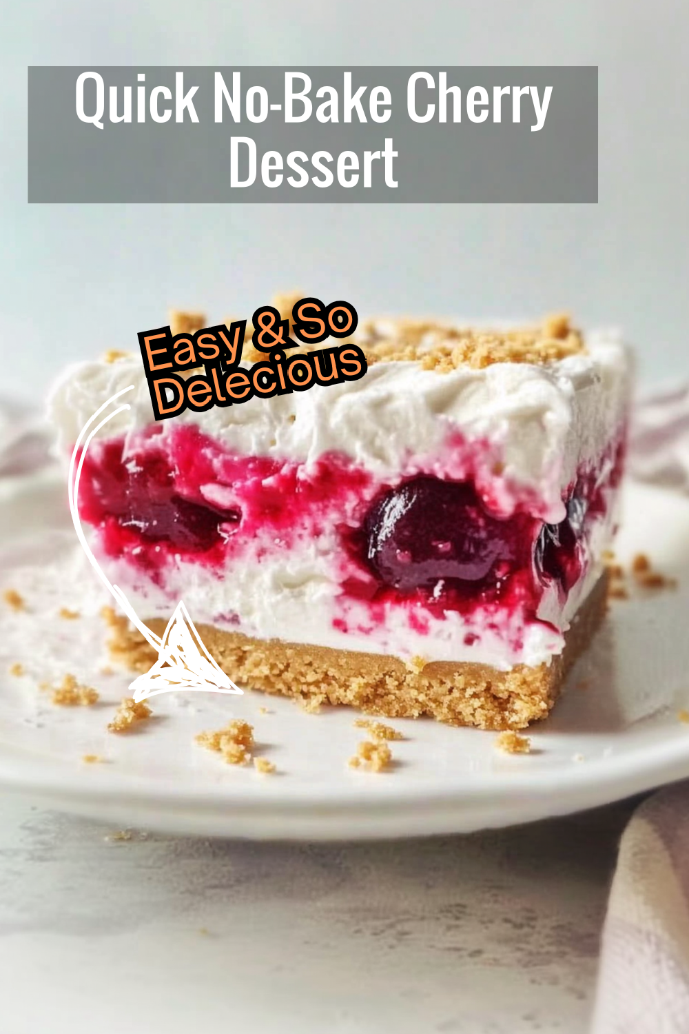 Whip up this quick and easy no-bake cherry dessert! Layers of creamy filling, cherry topping, and a buttery crust. Perfect for when you need a quick dessert fix.