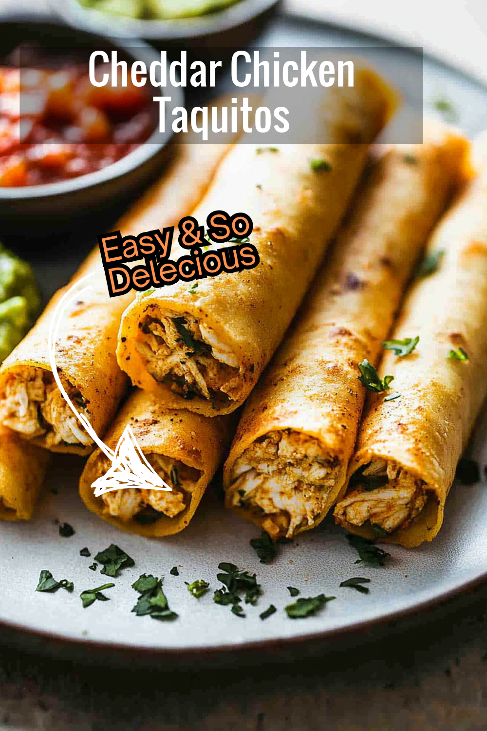 Crispy chicken taquitos with a delicious blend of shredded chicken and cheddar cheese. Serve with fresh salsa for added flavor