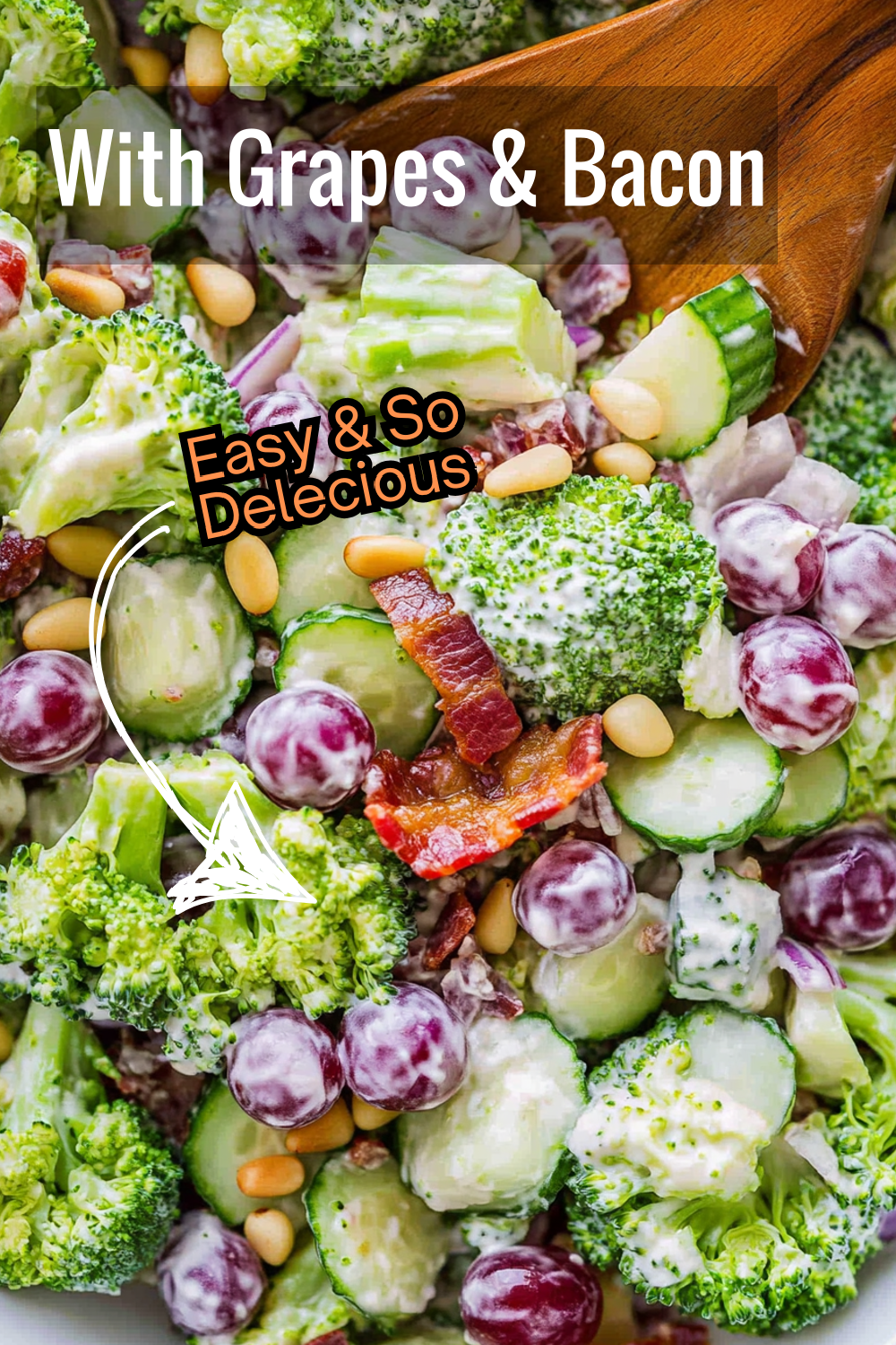 A flavorful twist with grapes, bacon, and pine nuts—this broccoli salad is savory and sweet perfection.