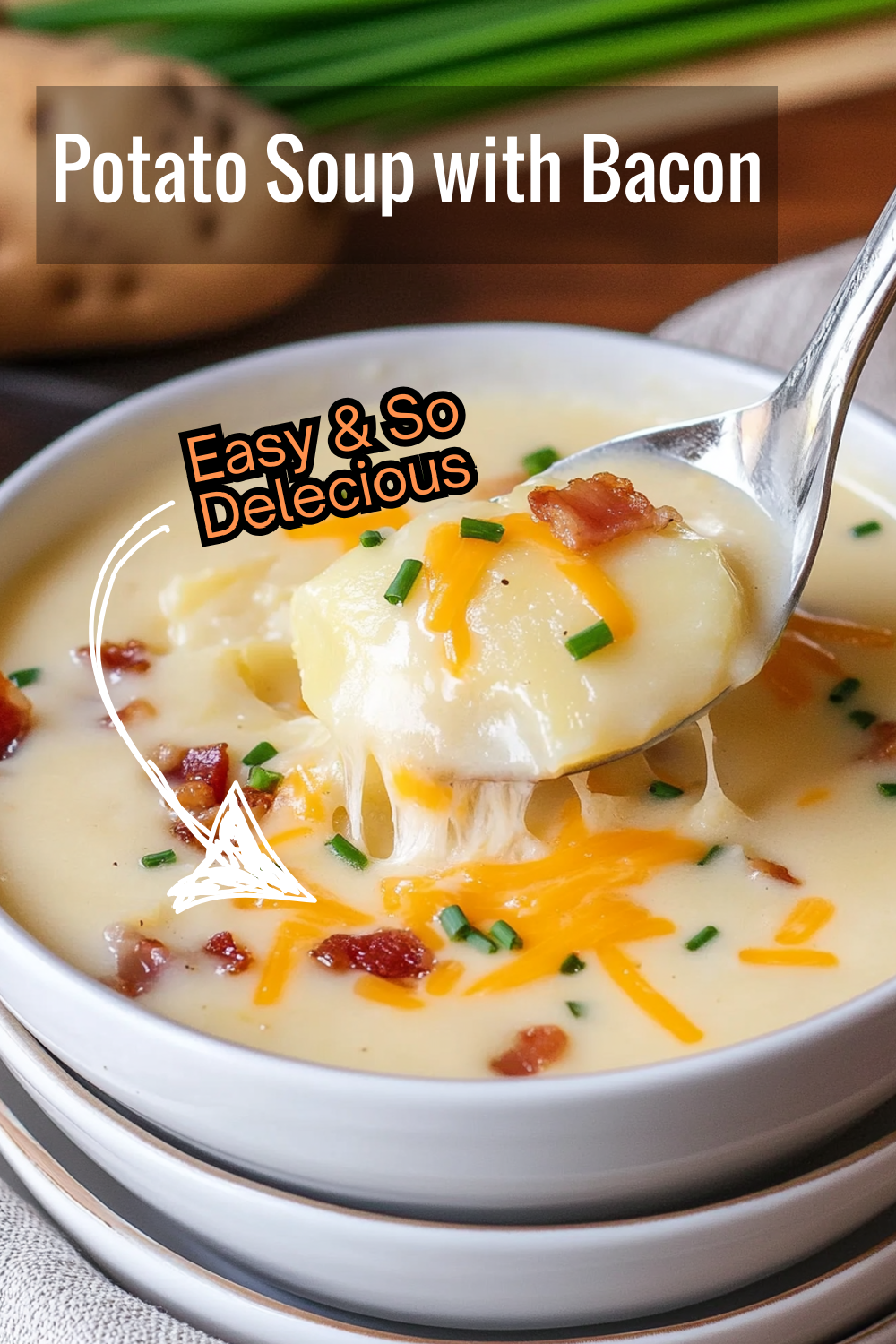 What’s better than soup on a chilly day? This baked potato soup with bacon and melted cheese hits the spot!