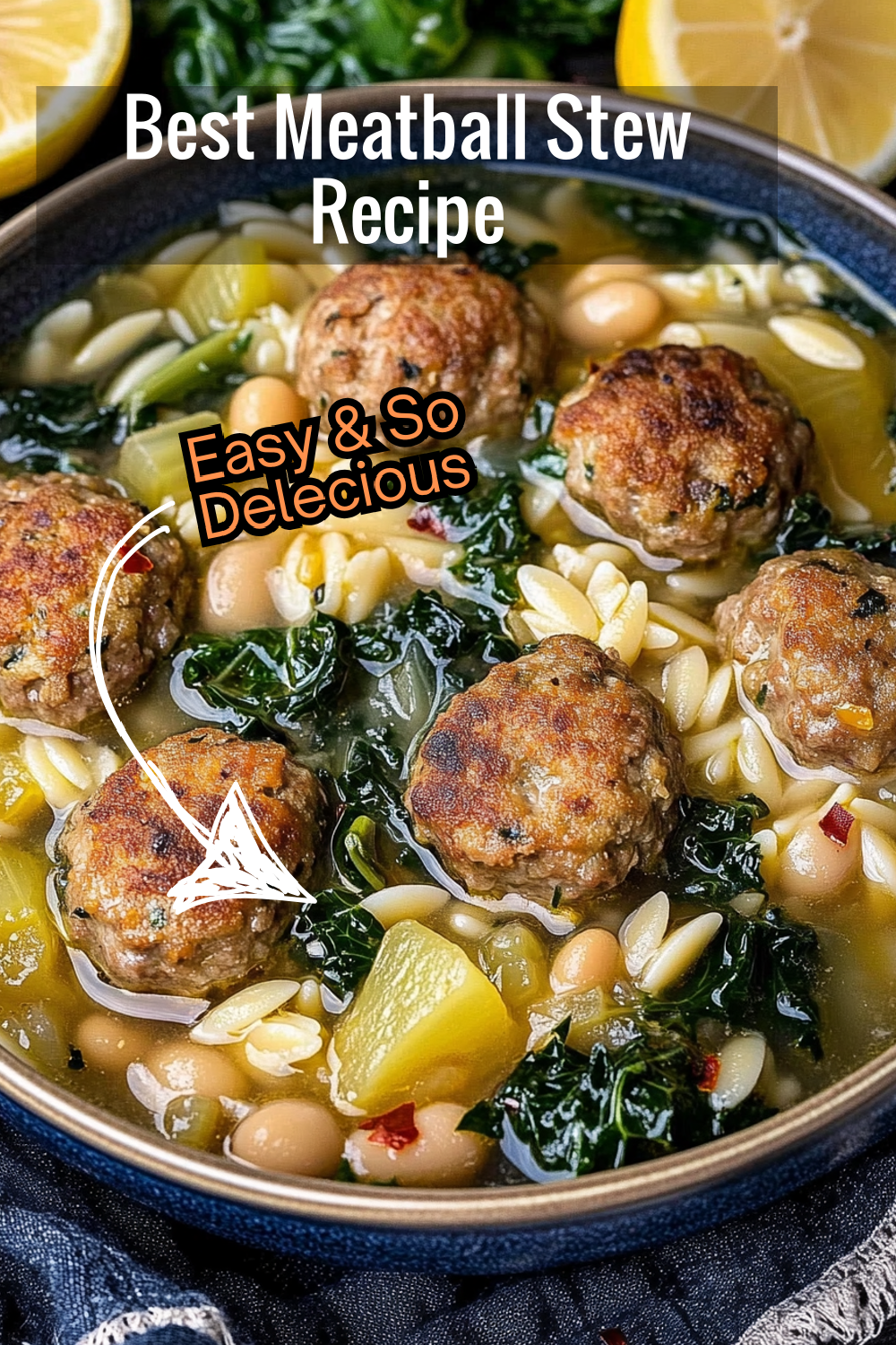 Quick and easy, this Meatball Stew with Orzo and White Beans comes together in no time. The tender meatballs and lemon broth make it a family favorite!