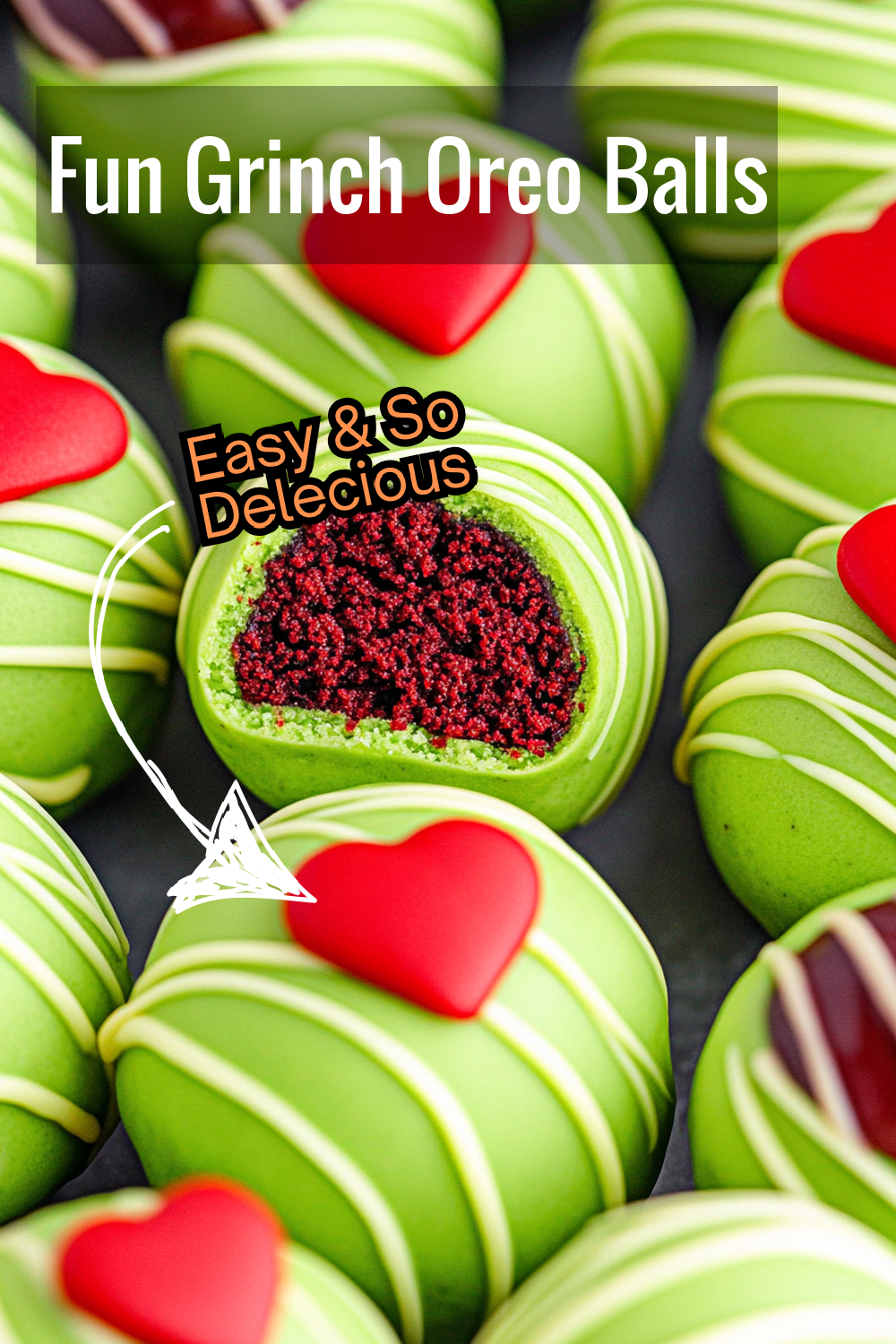 These Grinch-inspired Oreo balls are fun to make and even more fun to eat! Featuring a red velvet filling and a green coating, they’re topped with a cute red heart, making them perfect for holiday get-togethers.