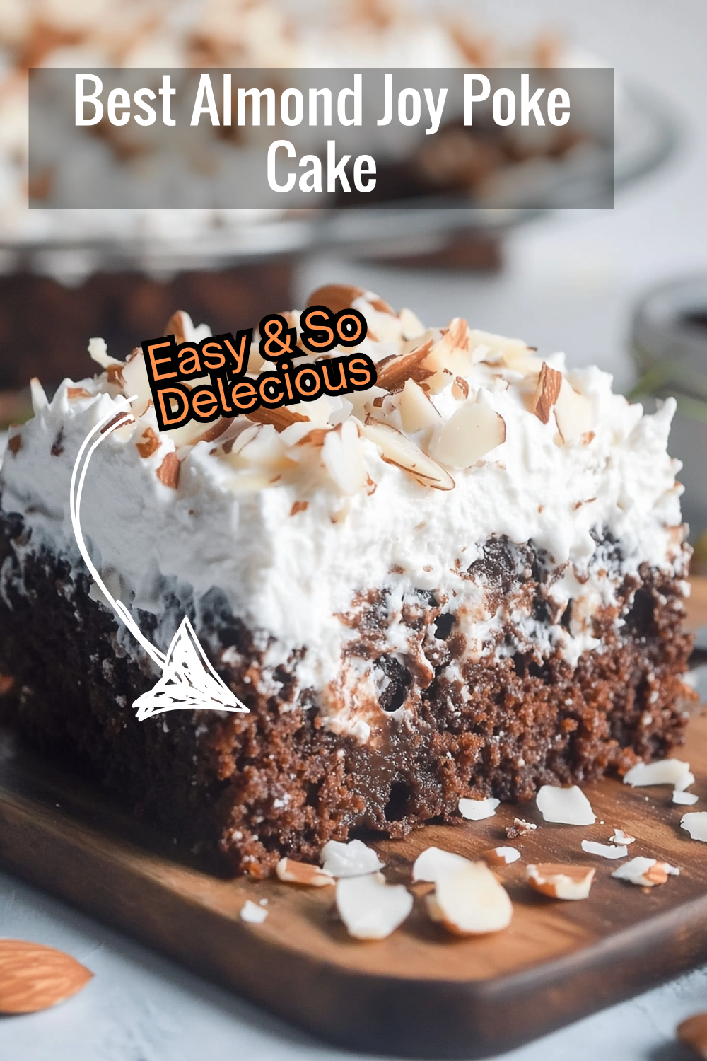 This rich and decadent Almond Joy Poke Cake combines the flavors of chocolate, coconut, and almonds for a dessert that is sure to impress! The moist chocolate cake is soaked with sweetened milk, topped with whipped cream, toasted almonds, and shredded coconut. Perfect for any gathering!