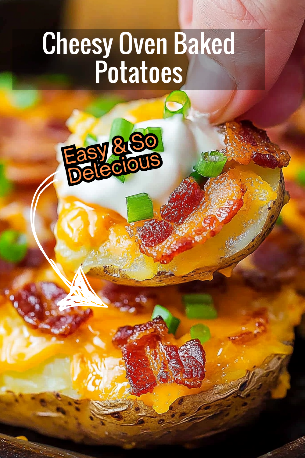 Satisfy your cravings with these cheesy oven-baked potato slices. The golden edges, savory bacon, and a dollop of sour cream make this dish irresistible.