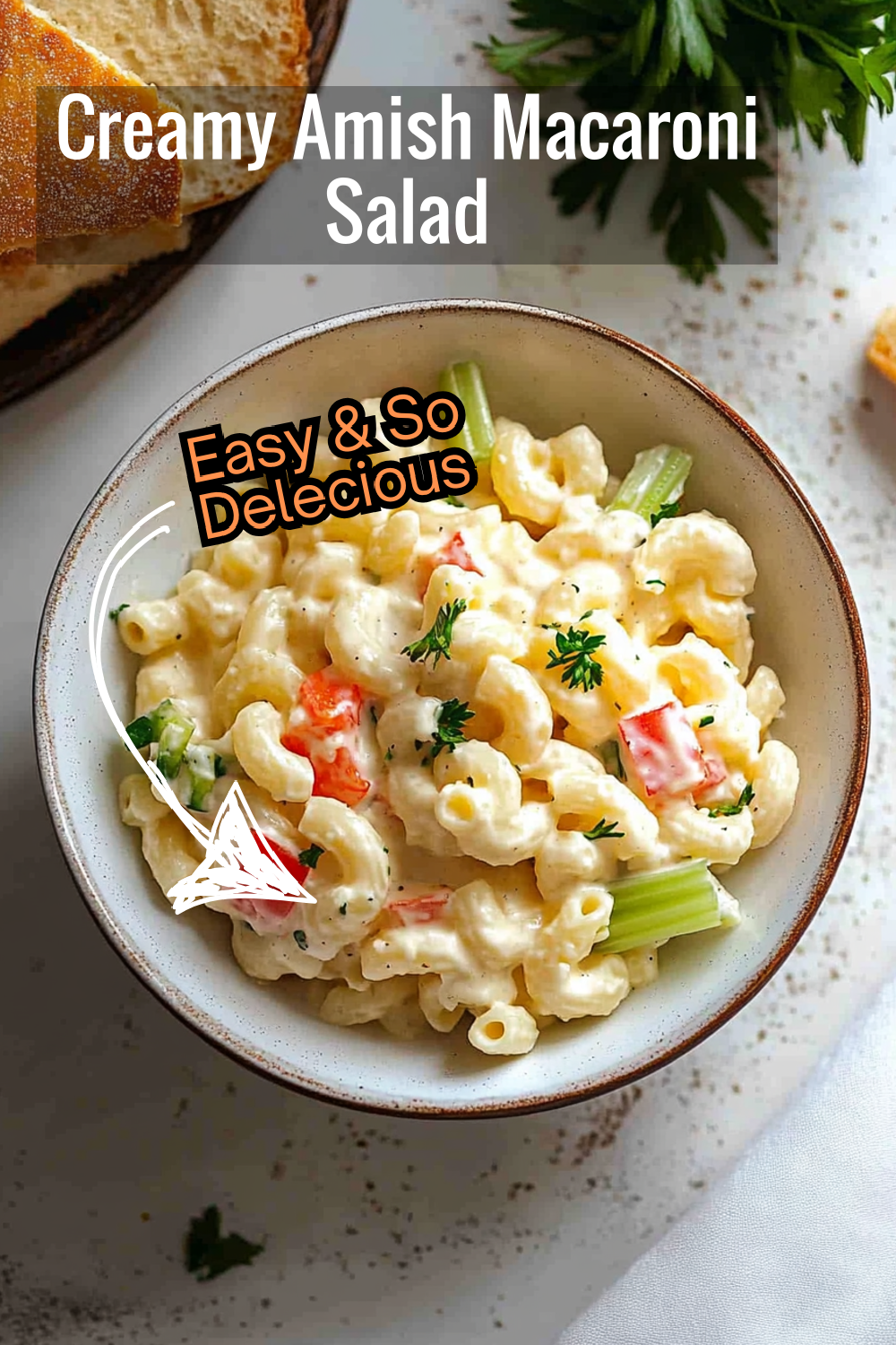 A creamy Amish macaroni salad with perfectly cooked elbow macaroni, crunchy red bell peppers, celery, and a sweet, tangy dressing.