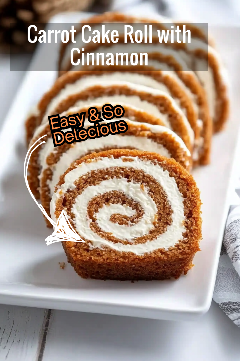 A spiced carrot cake roll that’s as beautiful as it is delicious, complete with a smooth swirl of cream cheese frosting. A perfect combination of cinnamon and sweetness!