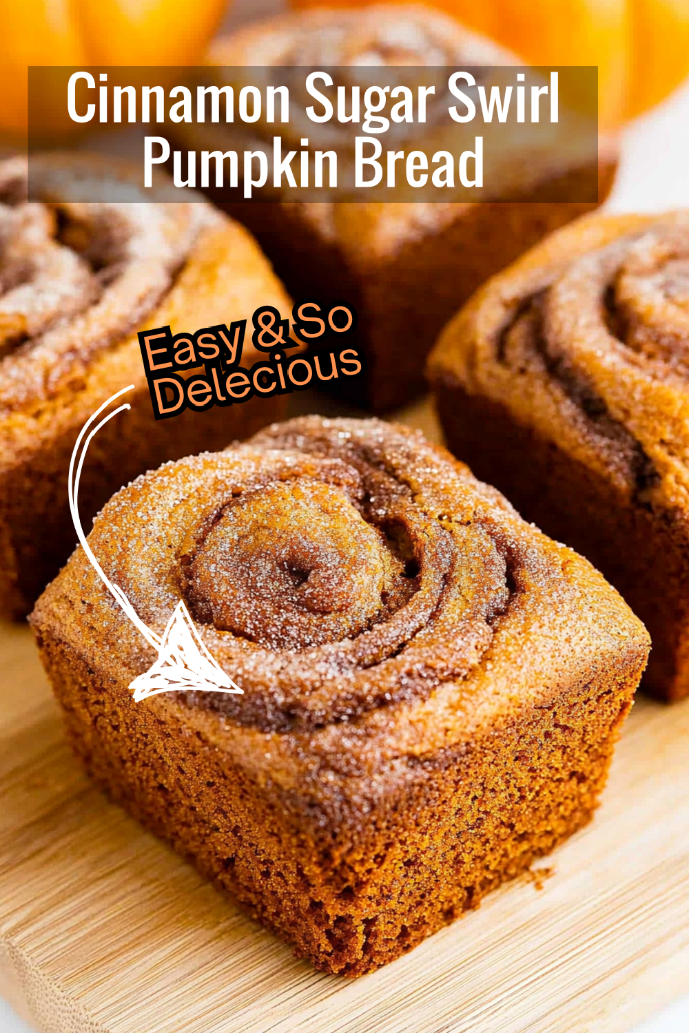 This Cinnamon Sugar Swirl Pumpkin Bread has a moist pumpkin base and a crunchy cinnamon topping. It's a delicious way to celebrate fall and perfect for sharing with family and friends!